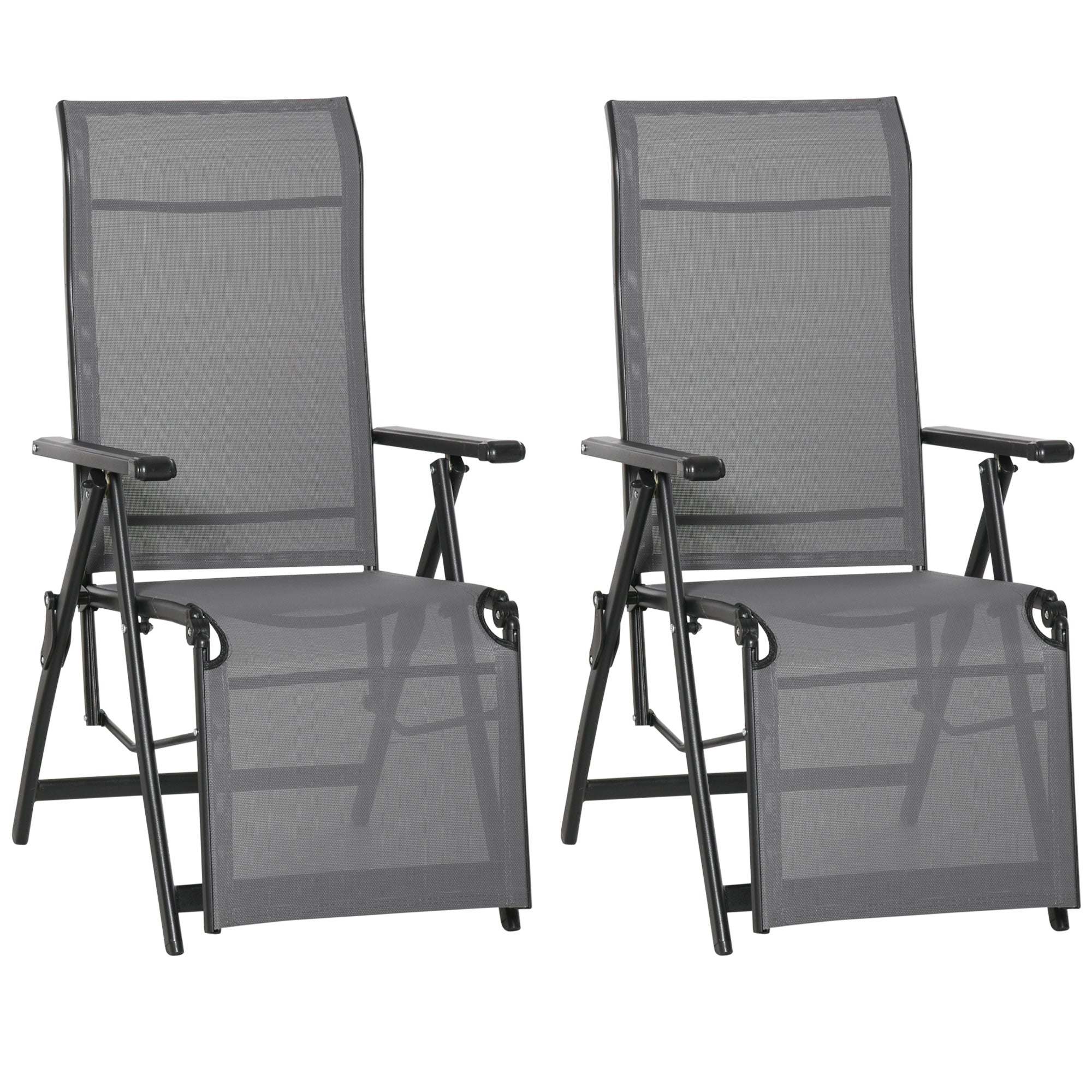 Outsunny Set of 2 Outdoor Sun Lounger 10-Position Adjustable Texteline Folding Reclining Chairs with Footrest for Patio Garden, Grey - North Peak Garden Furniture