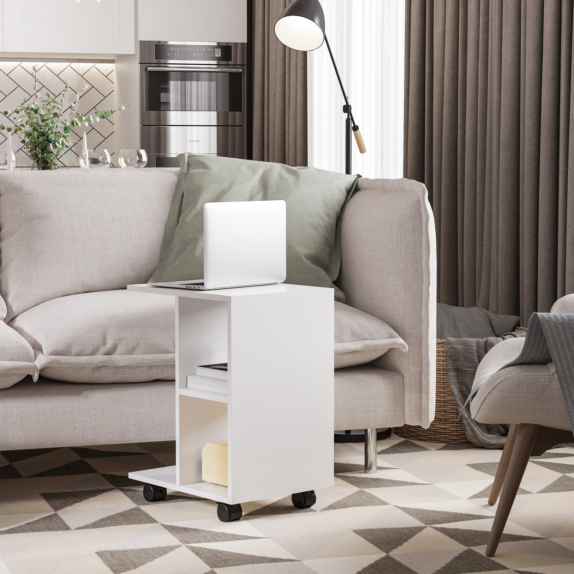HOMCOM C-Shape End Table Unique Storage Unit w/ 2 Shelves 4 Wheels Freestanding Home Furniture Cabinet Square White - North Peak Garden Furniture