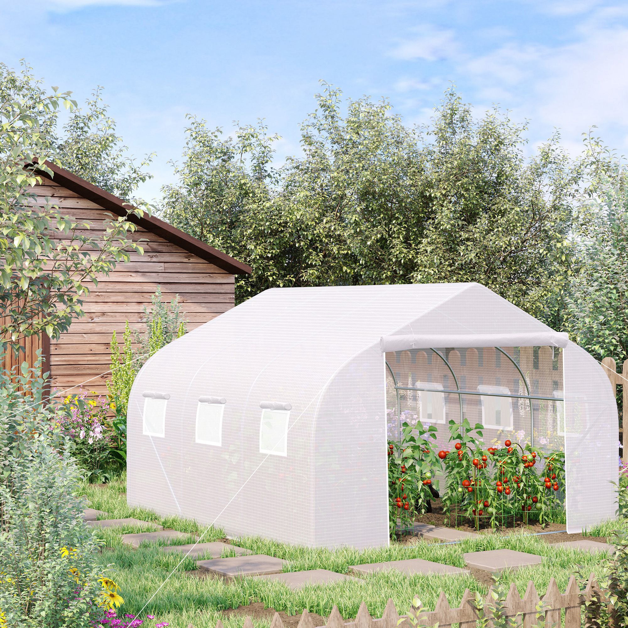 Outsunny Walk-In Polytunnel Greenhouse Warm House Garden Tunnel Shelter Plant Shed with Door and Windows, Galvanised Steel Frame, 4.5 x 3 x 2m, White - North Peak Garden Furniture