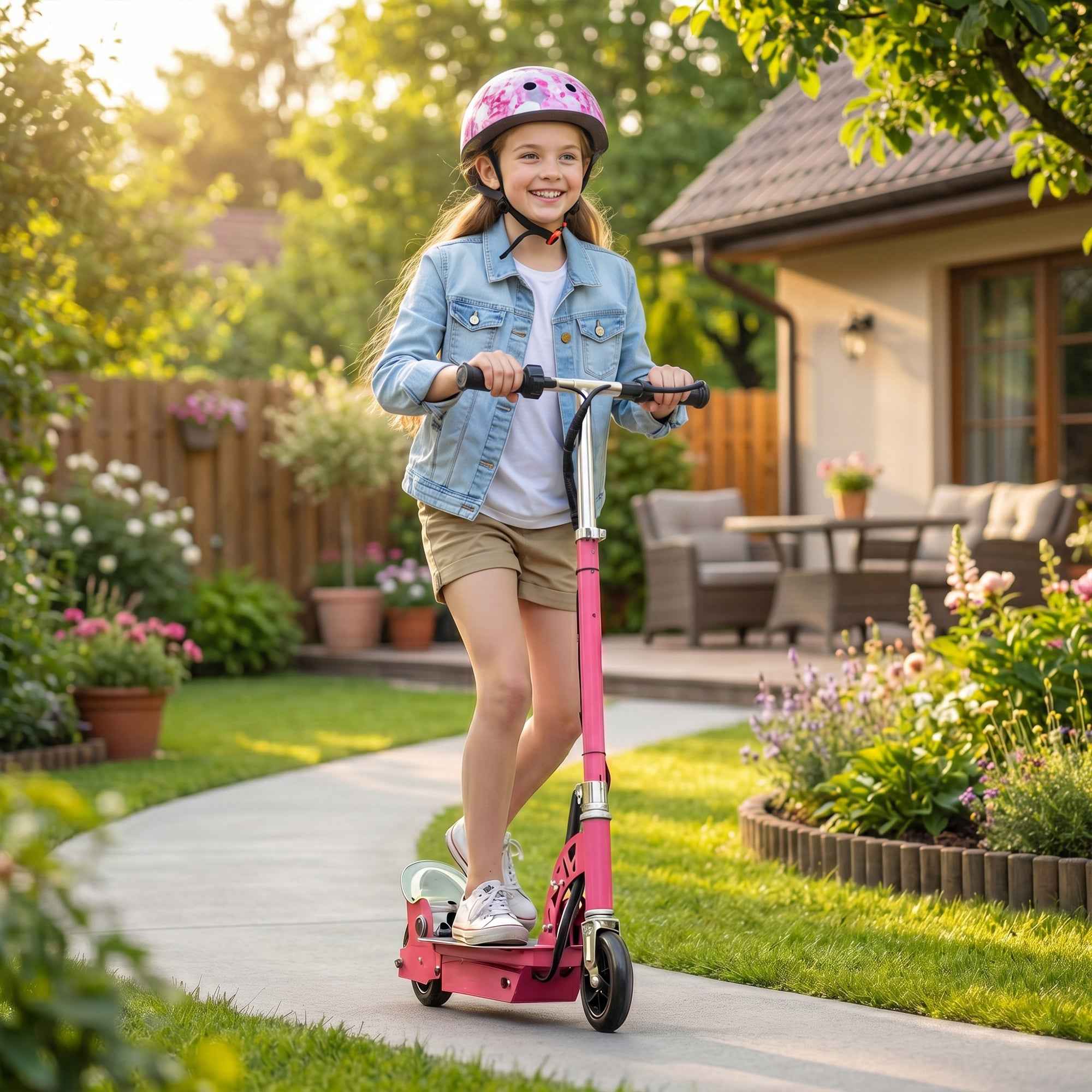 HOMCOM 120W Foldable Powered Scooters with 24V Rechargeable Battery, Adjustable Ride on Toy (Pink)