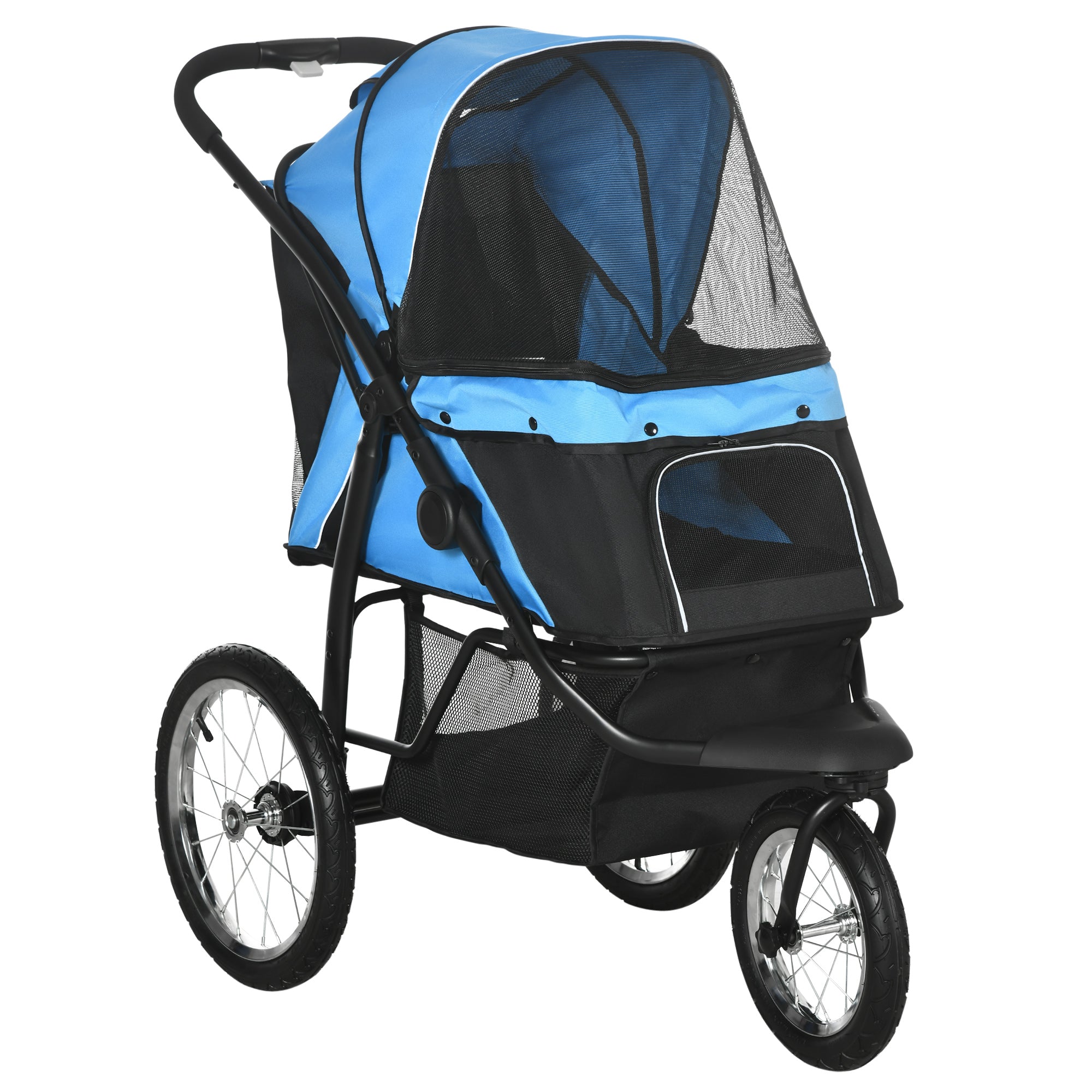 PawHut Dog Pram Dog Stroller Jogger Foldable Pet Pushchair for Medium, Small Dogs, w/ Rubber Wheels, Washable Cushion - Blue - North Peak Garden Furniture