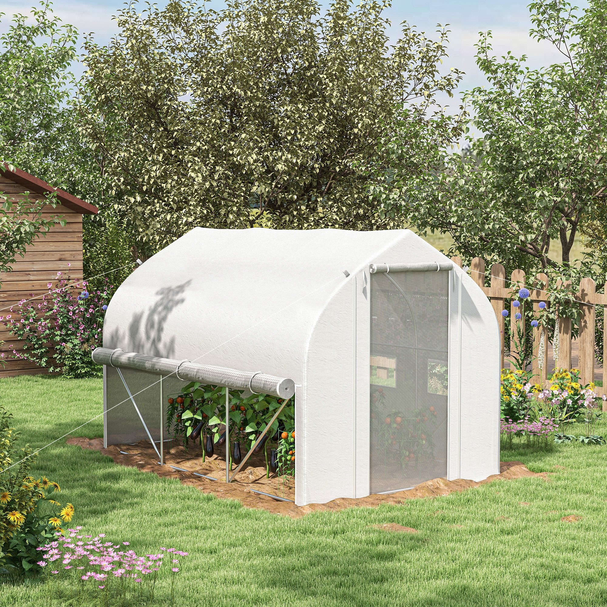 Outsunny 3 x 2(m) Walk-in Polytunnel Greenhouse, Zipped Roll Up Sidewalls, Mesh Door, 6 Mesh Windows, Tunnel Warm House Tent with PE Cover, Complimentary Plant Labels and Gloves, White - North Peak Garden Furniture