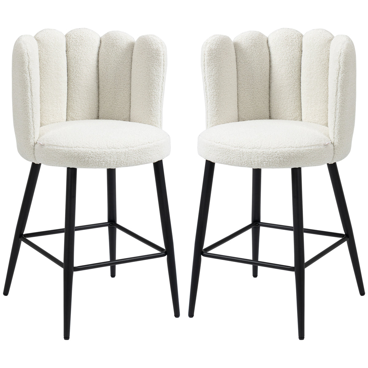 HOMCOM Bar Stools Set of 2, Faux Cashmere Upholstered Breakfast Bar Chairs, Modern Kitchen Stools with Backs, Footrest and Steel Base, Cream