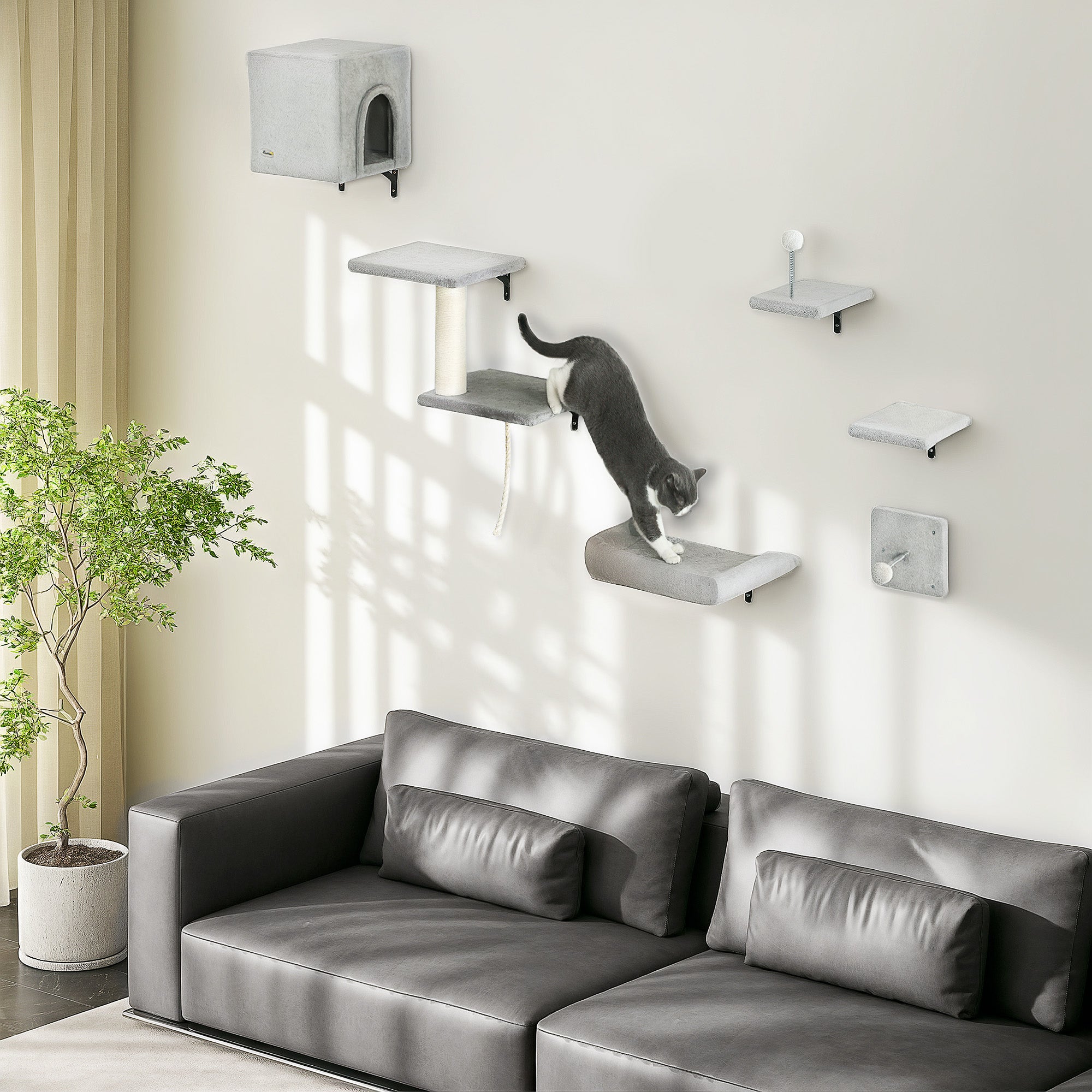 PawHut 6-Piece Cat Wall Shelves Set with Condo, Cat Wall Furniture with Platforms, Sisal Scratching Post, Bed, Toy Ball, Grey - North Peak Garden Furniture