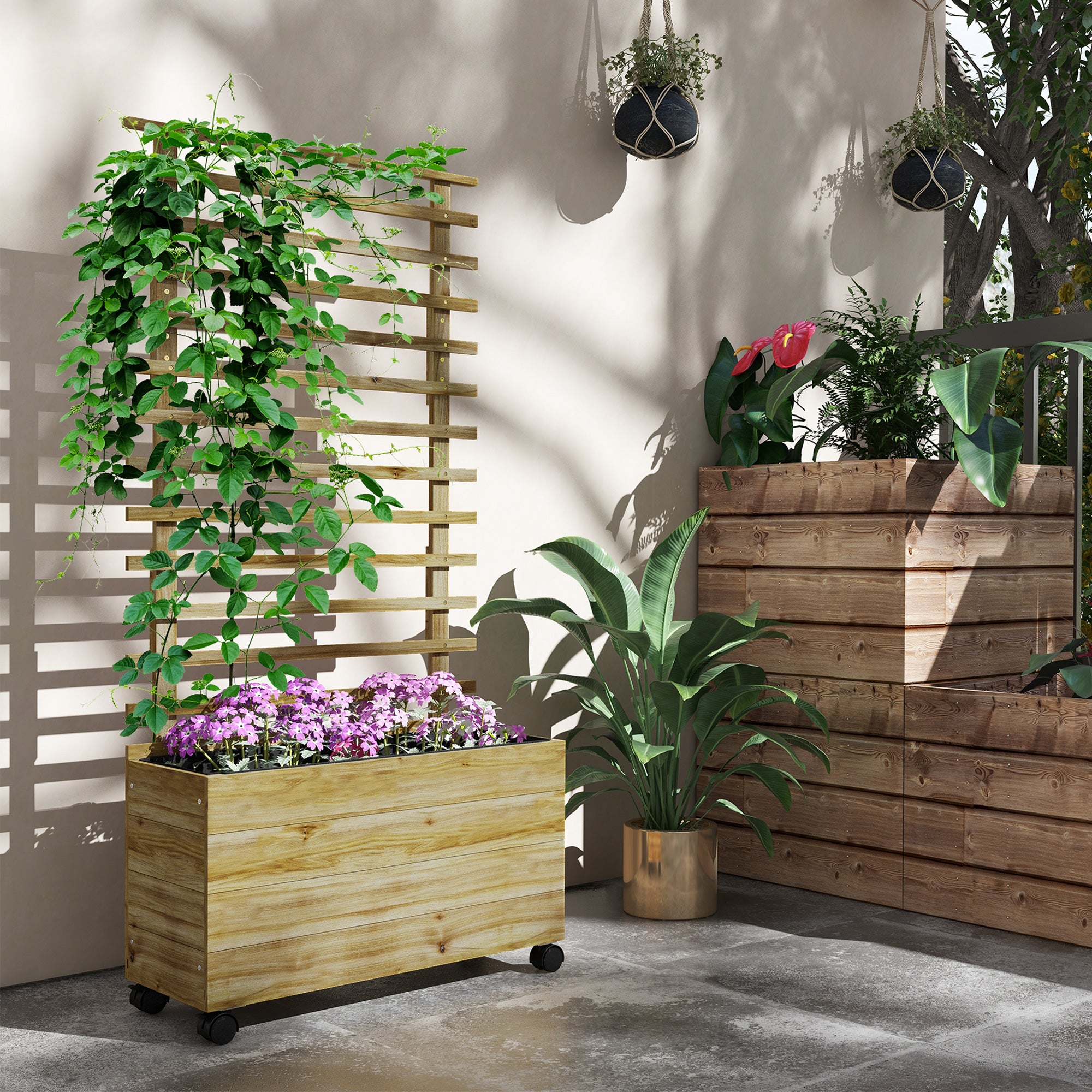 Outsunny Wooden Raised Planter, with Back Trellis - Natural Finish - North Peak Garden Furniture