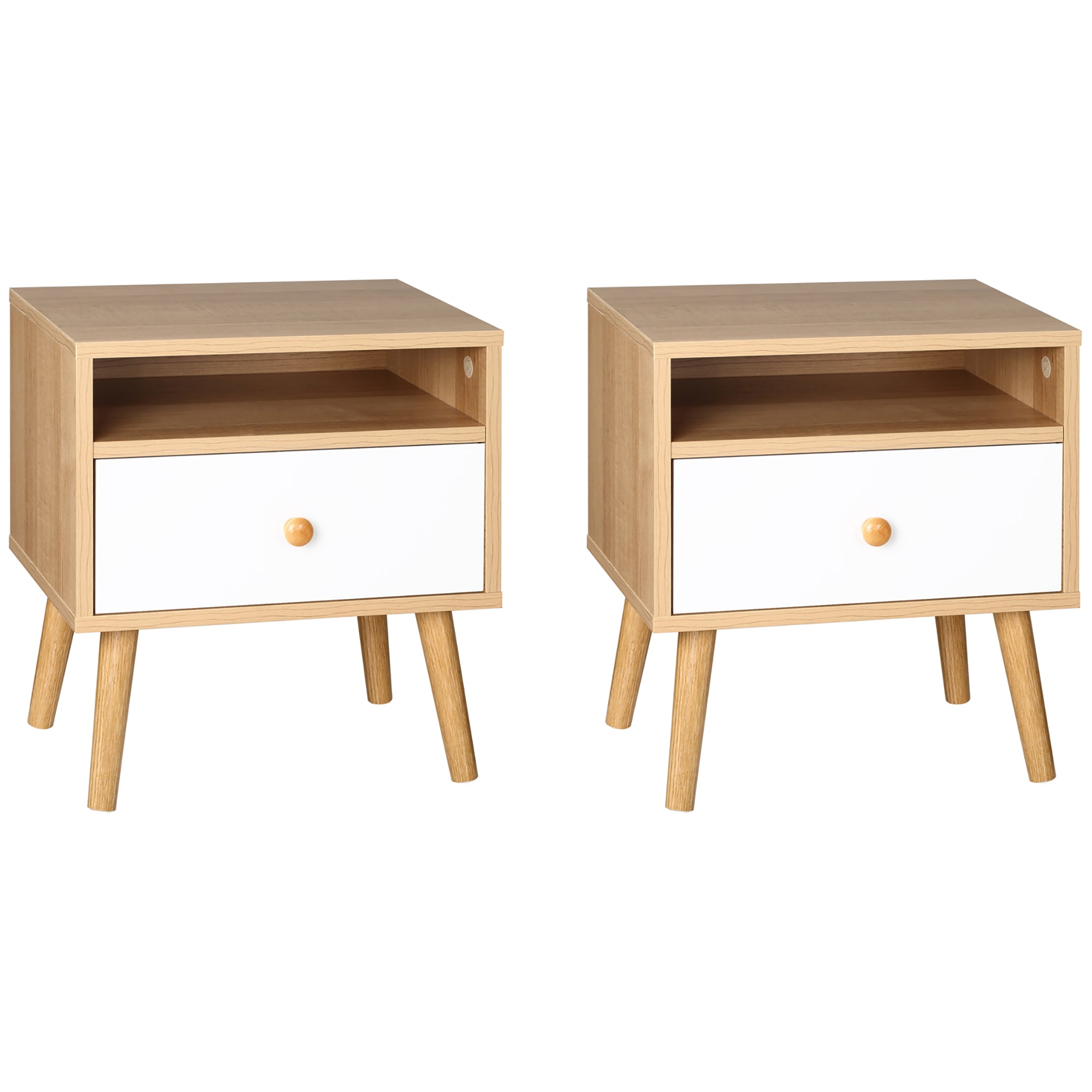 HOMCOM Bedside Table, Bedside Cabinet with Drawer and Shelf, Modern Nightstand, End Table for Living Room, Bedroom, Set of 2, Natural - North Peak Garden Furniture