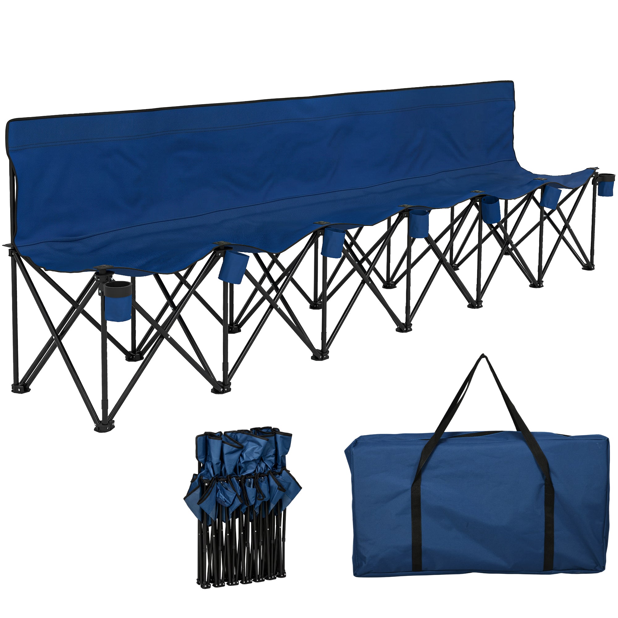 Outsunny 6 Seater Folding Bench, Outdoor Camping Chair Portable Sports Spectator Chair with Steel Frame, Cup Holder & Carry Bag, Blue