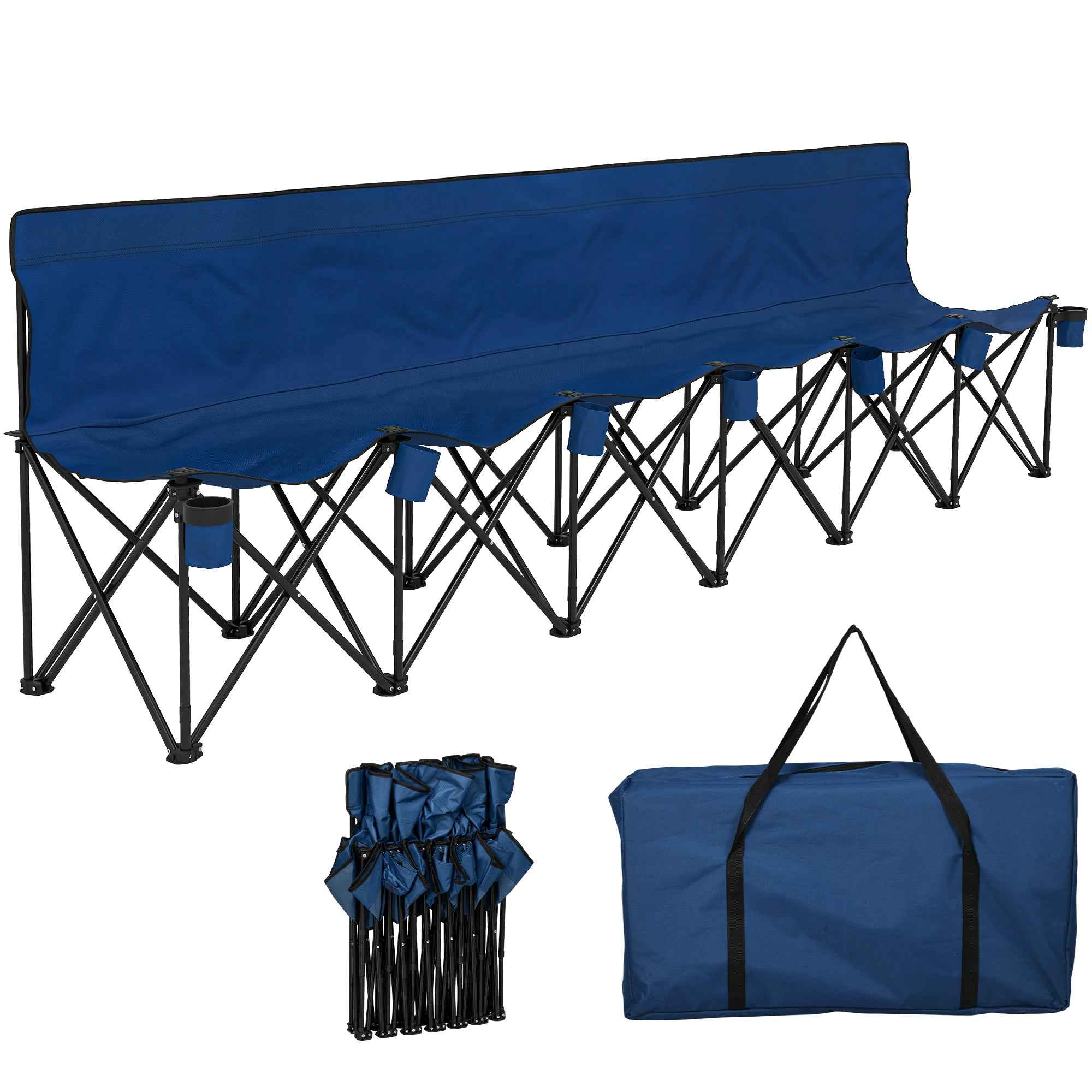 Outsunny 6 Seater Folding Bench, Outdoor Camping Chair Portable Sports Spectator Chair with Steel Frame, Cup Holder & Carry Bag, Blue