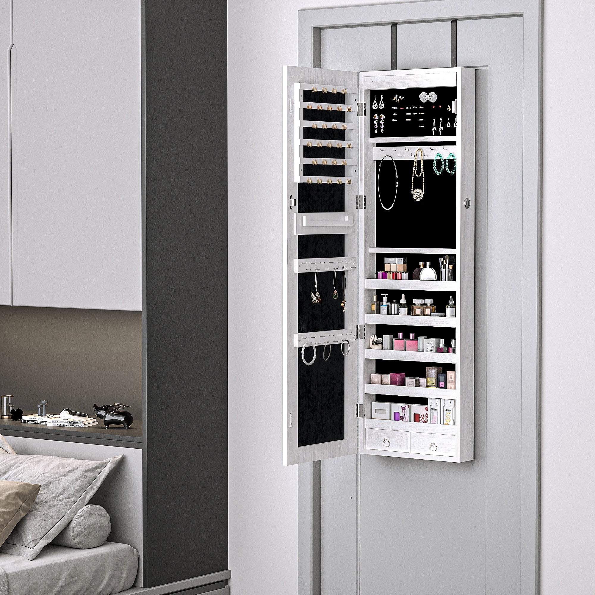 HOMCOM Jewelry Cabinet with Mirror and LED Lights, Lockable Makeup Cosmetics Jewellery Organiser, Mirror with Storage for Bedroom Dressing Room, White - North Peak Garden Furniture