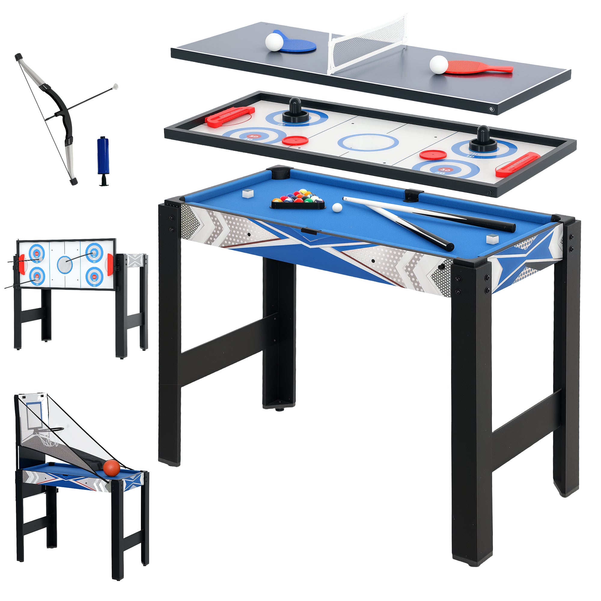 SPORTNOW 5 in 1 Multi Games Table Combo Sports Game Table for Kids, Mini Pool Table, Table Tennis Table, Hockey Table, Basketball Arcade Game, Bow and Arrow, Blue - North Peak Garden Furniture