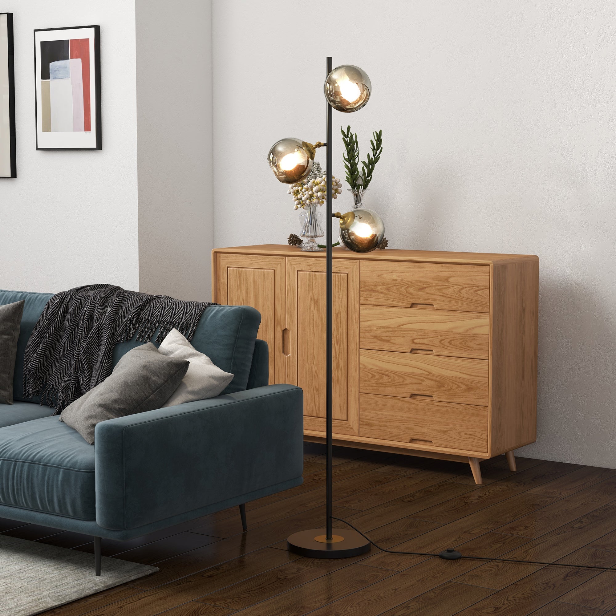 HOMCOM Tree Floor Lamp for Living Room Bedroom with 3 Light, Modern Standing Lamp, (Bulb not Included), 162cm, Grey - North Peak Garden Furniture