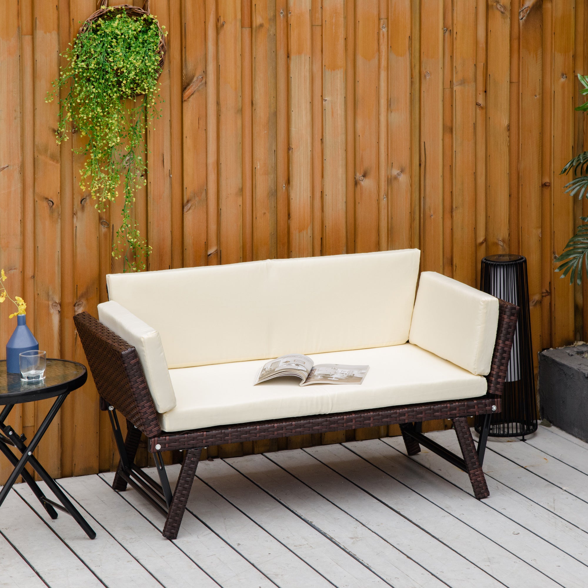 Outsunny 2-Seater 2-in-1 Rattan Convertible Sofa Daybed Brown - North Peak Garden Furniture