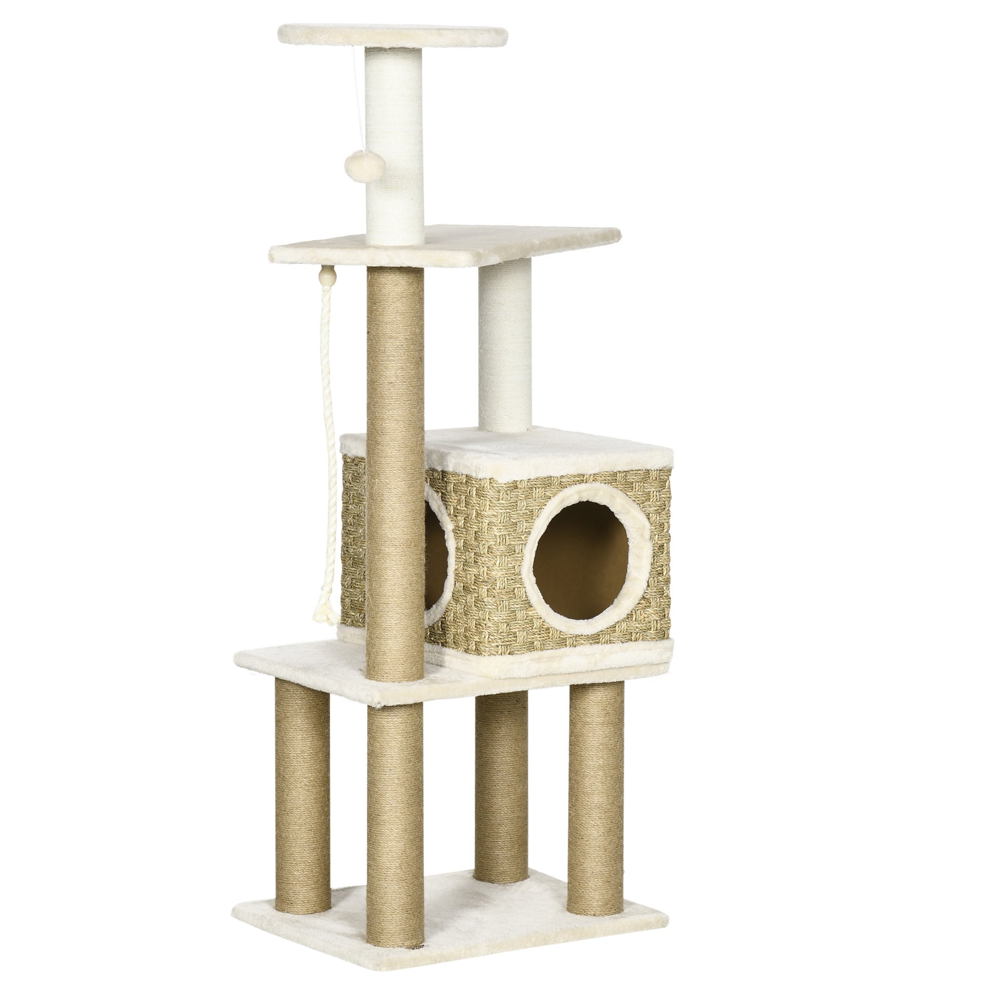 PawHut Cat Tree, with Scratching Post, Cat House & Hanging Toy Ball - Beige - North Peak Garden Furniture