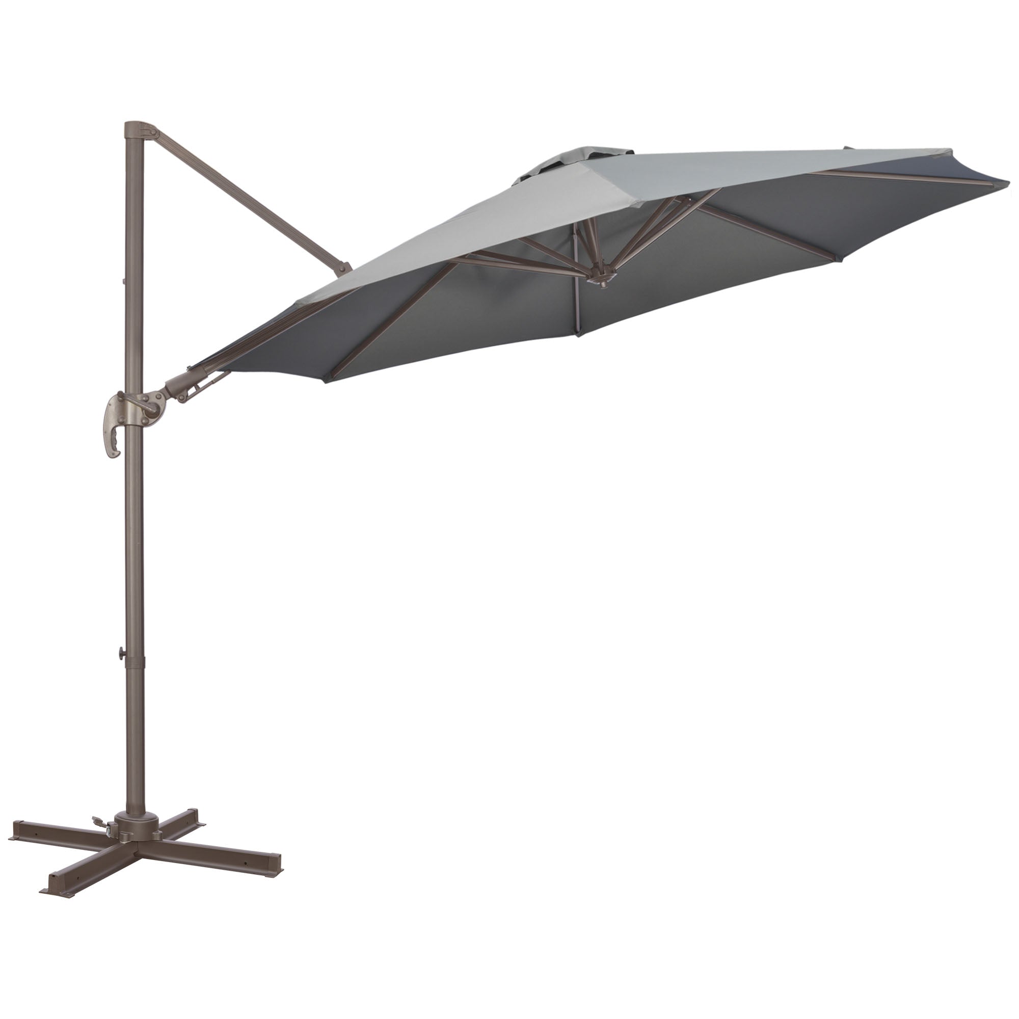 Outsunny 3(m) Cantilever Parasol 360° Rotation Roma Umbrella Hanging Sun Shade with Aluminium Frame, Tilt Crank, 8 Ribs and Cross Base, Dark Grey - North Peak Garden Furniture
