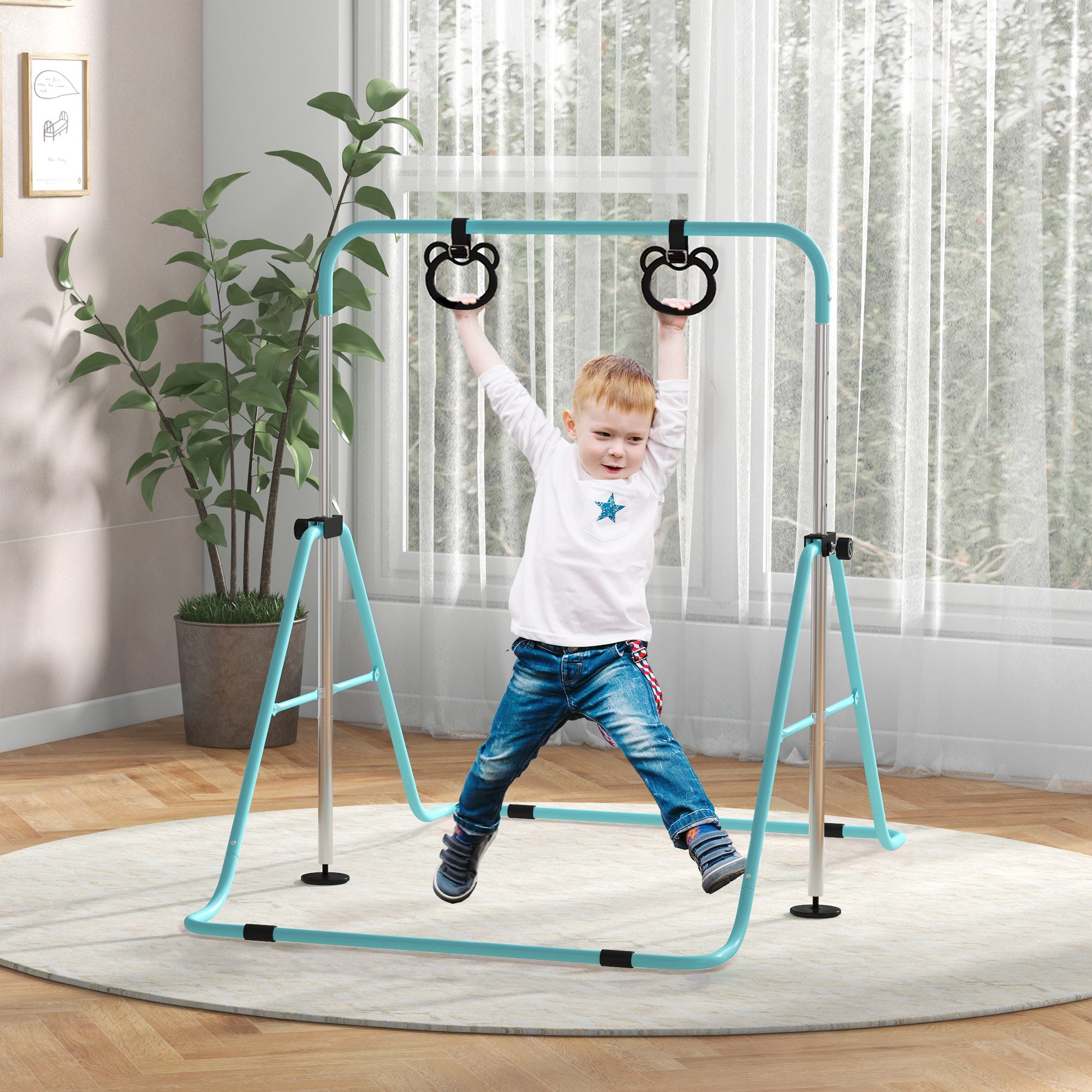 HOMCOM Adjustable Height, Foldable Kids Gymnastics Bar w/ Non-Slip Mats, for 3+ Years, Green - North Peak Garden Furniture