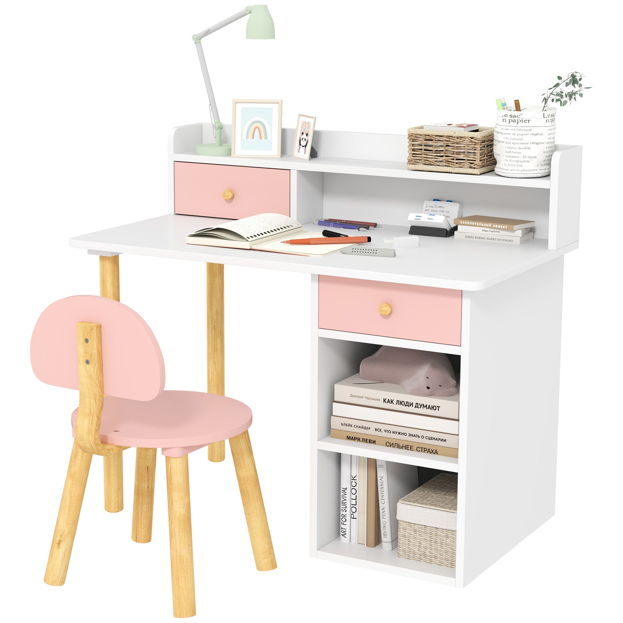 AIYAPLAY 2 Pieces Children Study Table with Hutch, Kids Desk and Chair Set with Storage Drawer, Shelves - Pink - North Peak Garden Furniture