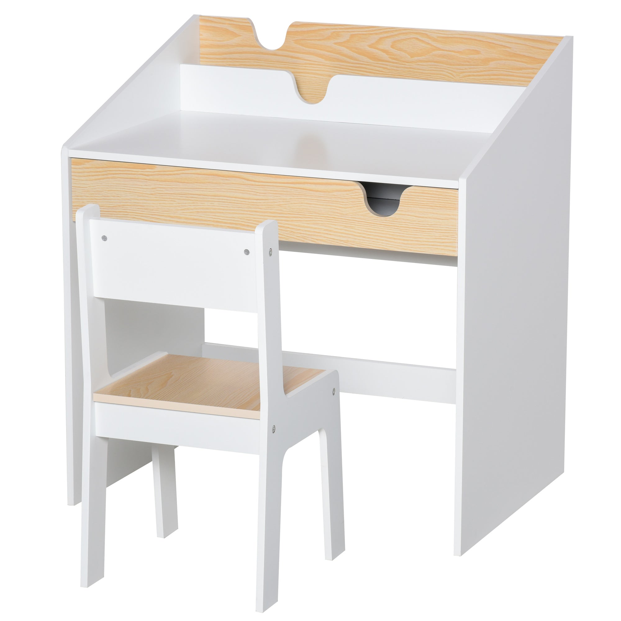 HOMCOM Kids Desk and Chair Set 2 Pieces Children Study Table with Storage Pull-Out Drawer Bookshelf for 3-6 Years Writing, Reading, Drawing - North Peak Garden Furniture