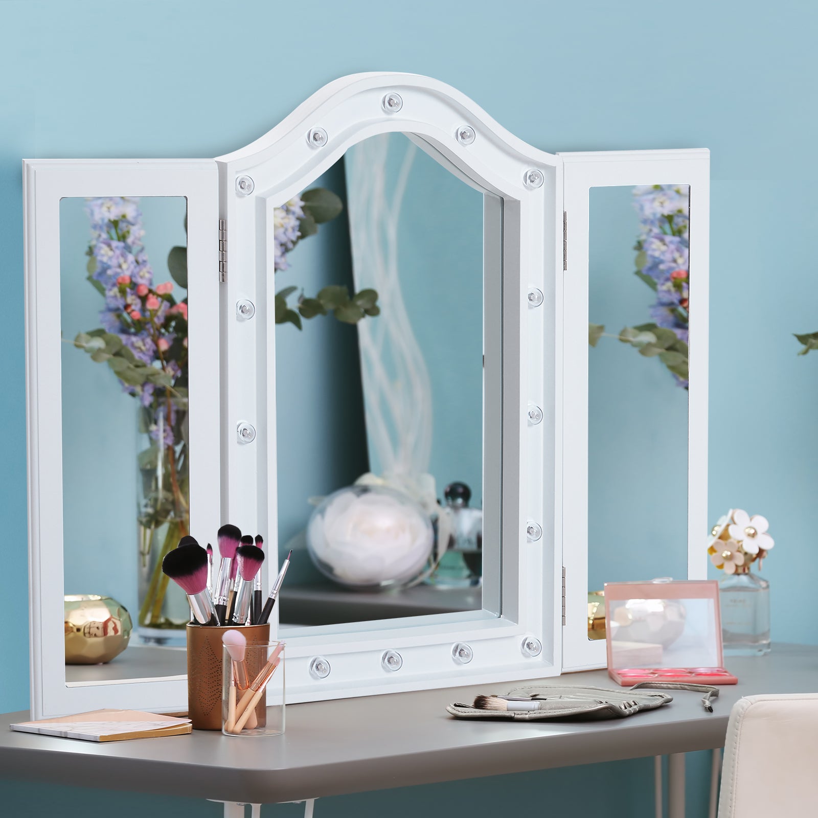 HOMCOM Trifold Freestanding Mirror, Lighted Tabletop Vanity Mirror Large Cosmetic w/16 LED Lights powered by batteries Foldable For Bedroom- White - North Peak Garden Furniture