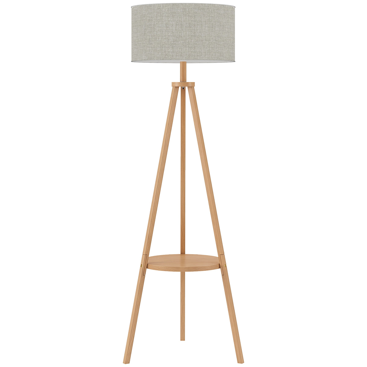 HOMCOM Bedside Light, Tripod Floor Lamp with Storage Shelf and Linen Shade for Living Room, 160cm, Natural Wood Colour