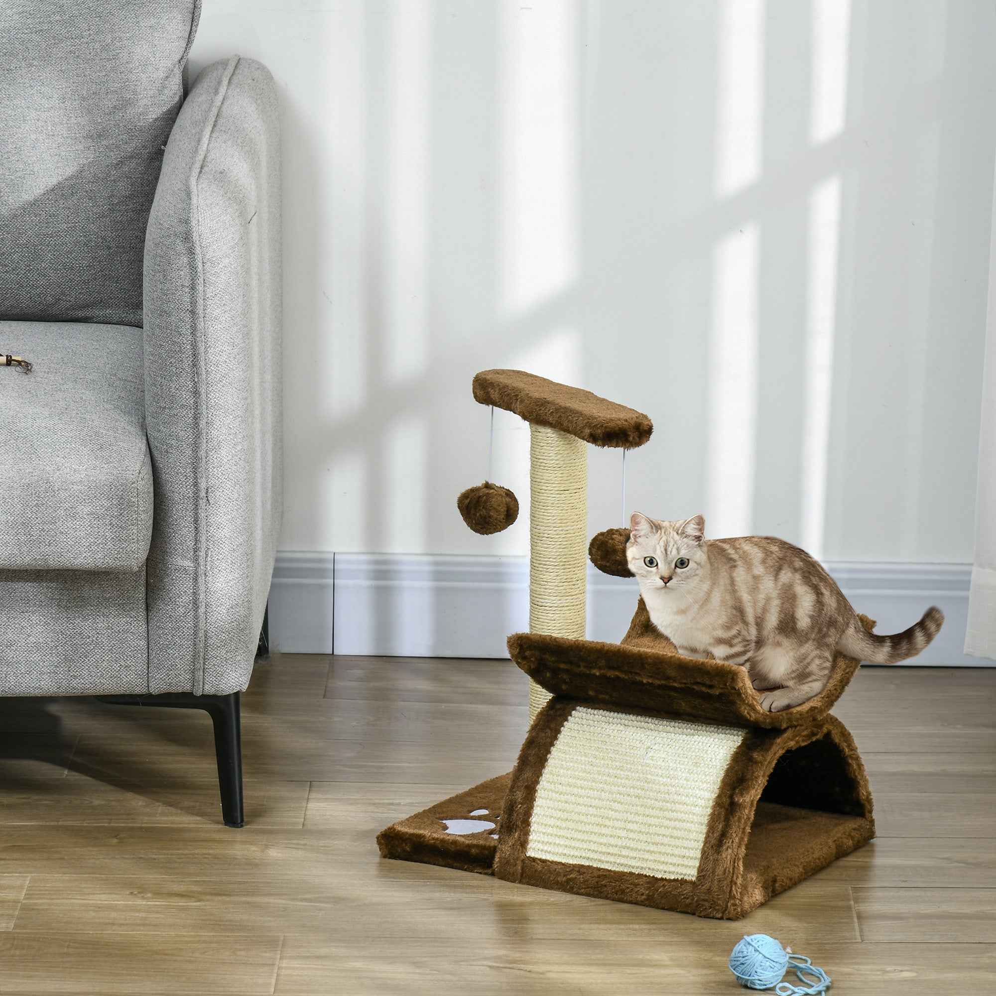 PawHut Cat Tree, Cat Tower for Kittens, Small Cat Condo with Rotatable Top Bar, Sisal Scratching Post, Tunnel, Dangling Balls - Brown