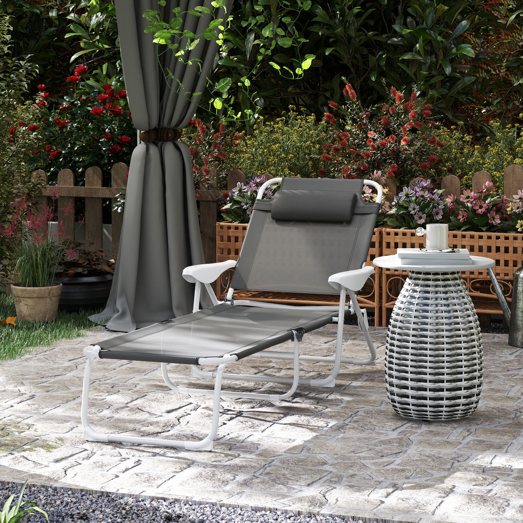 Outsunny Foldable Lounge Chair with 4-Level Adjustable Backrest & Headrest - Charcoal Grey - North Peak Garden Furniture