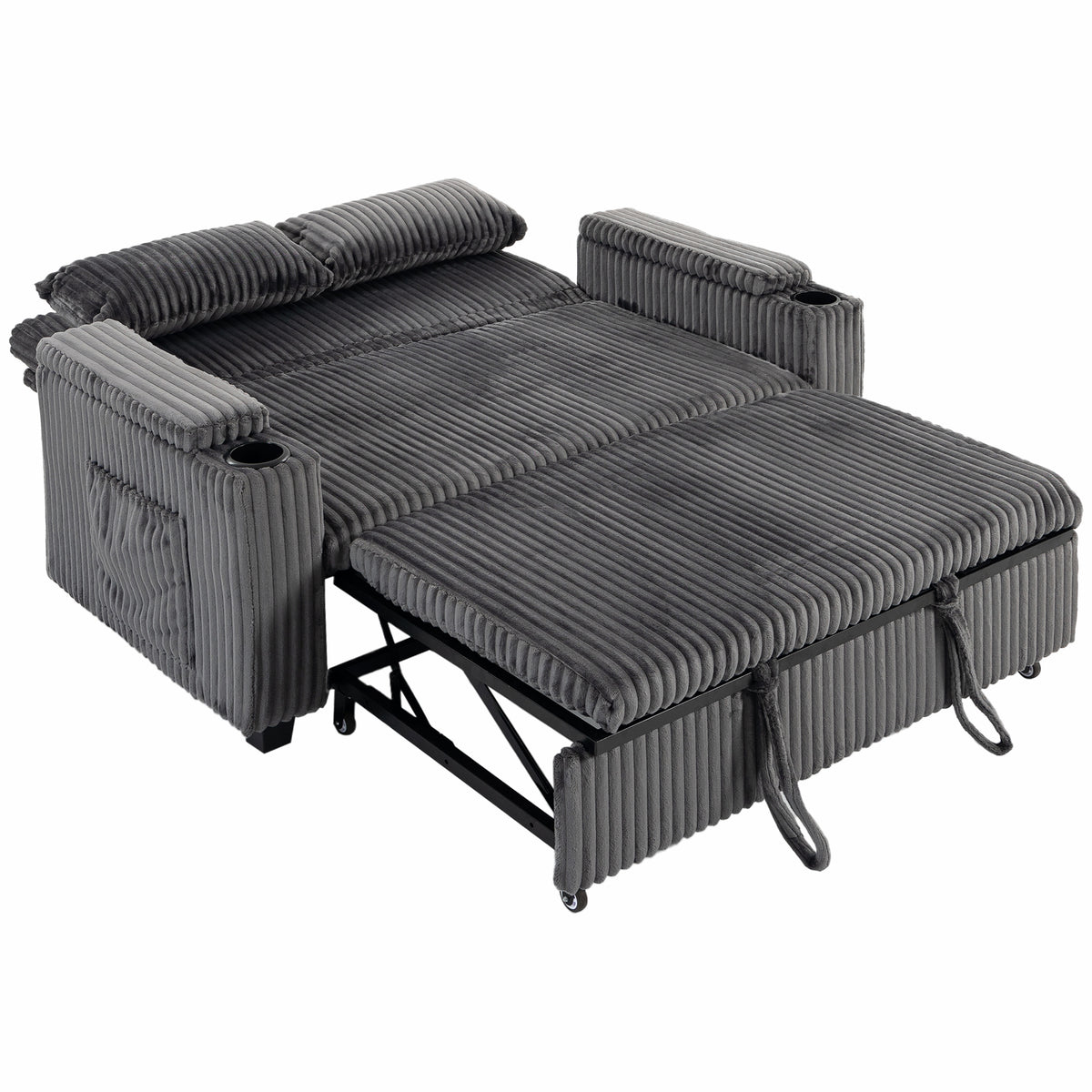 HOMCOM 2 Seater Sofa Bed, Pull Out Sleeper Sofa w/ Adjustable Backrest, Storage Armrests, Cup Holders, Side Pockets, Dark Grey