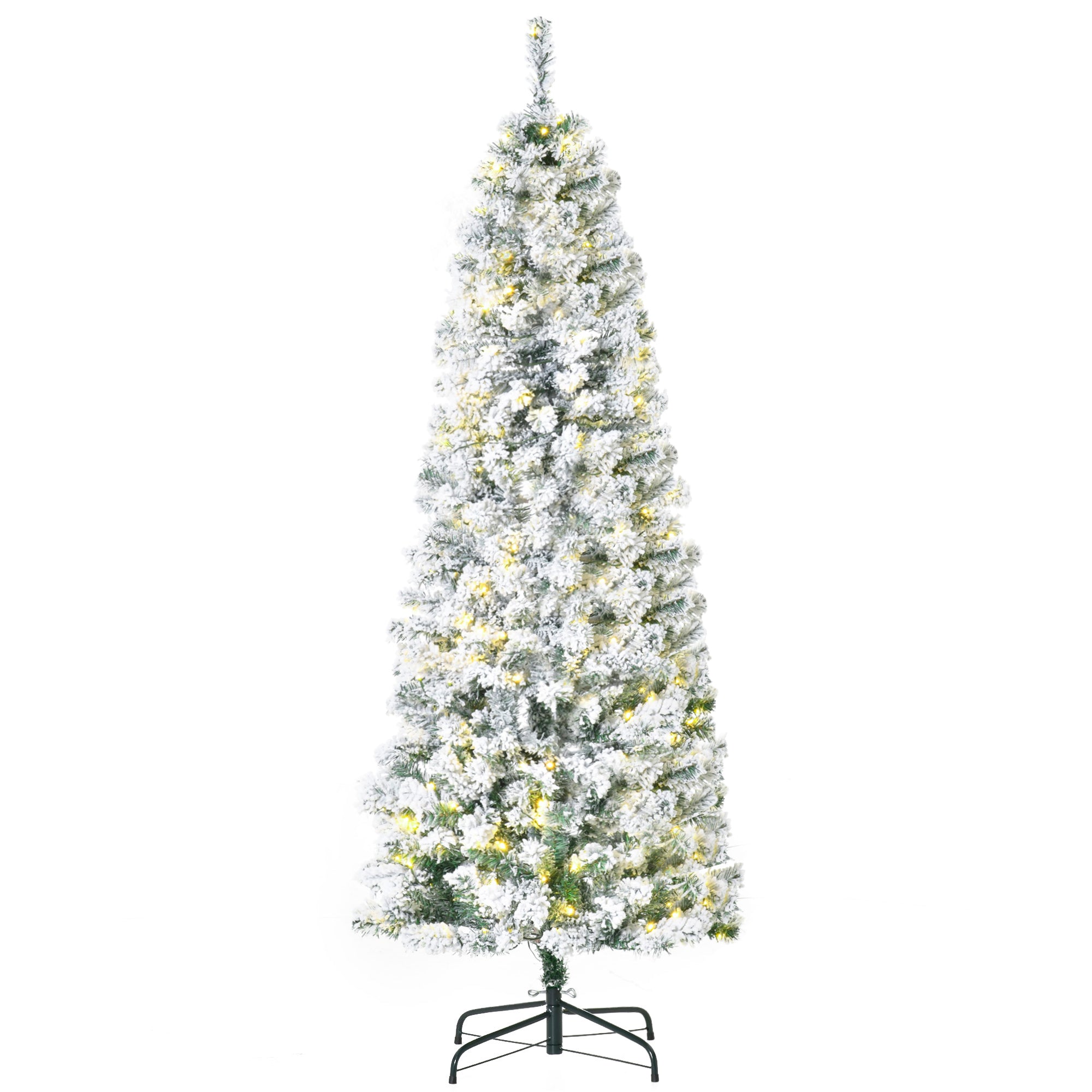 HOMCOM 6FT Prelit Artificial Snow Flocked Christmas Tree with Warm White LED Light, Holiday Home Xmas Decoration, Green White - North Peak Garden Furniture