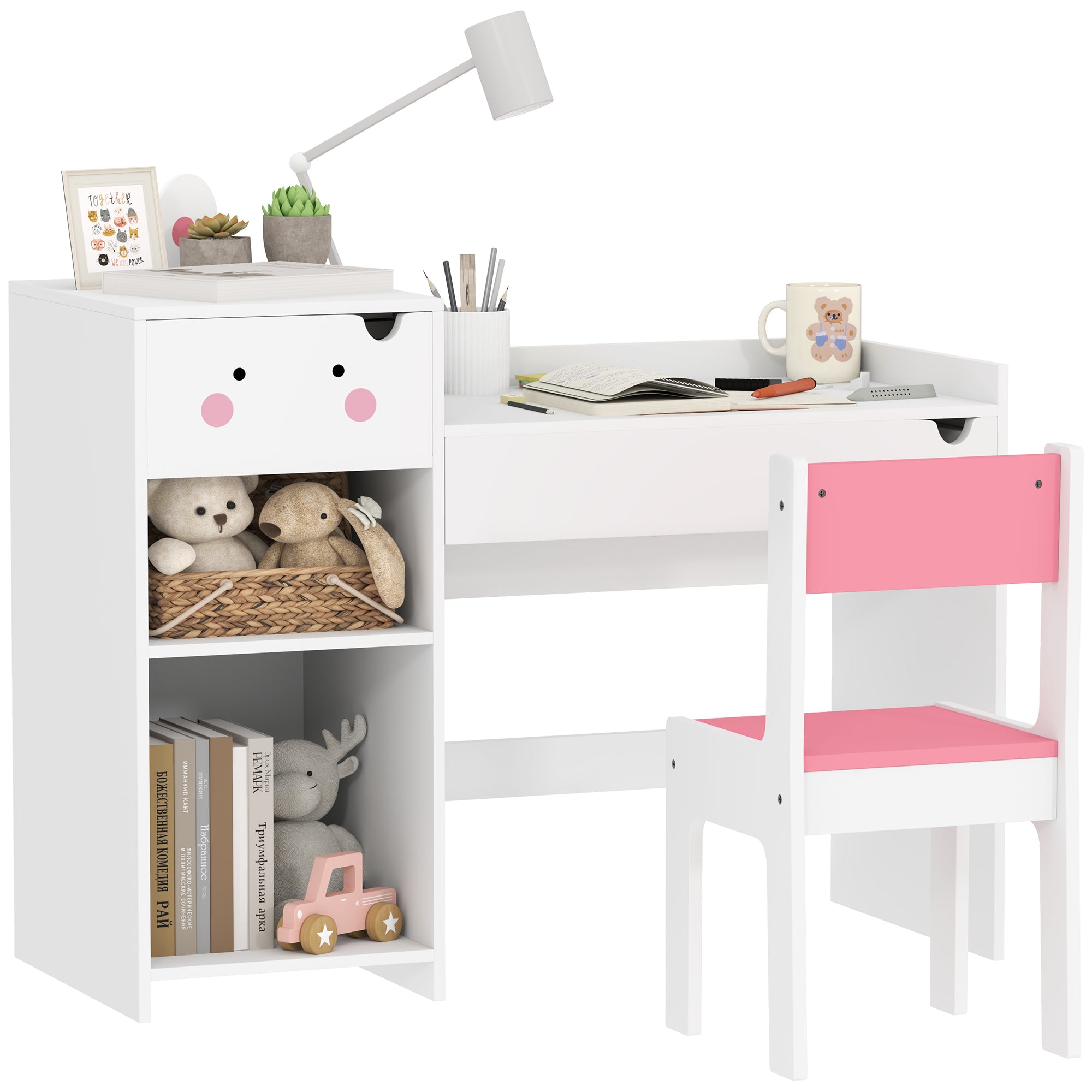 AIYAPLAY Rabbit Themed Kids Desk and Chair Set with Bookcase, Drawers, Storage Shelves, for 3-6 Years, White - North Peak Garden Furniture