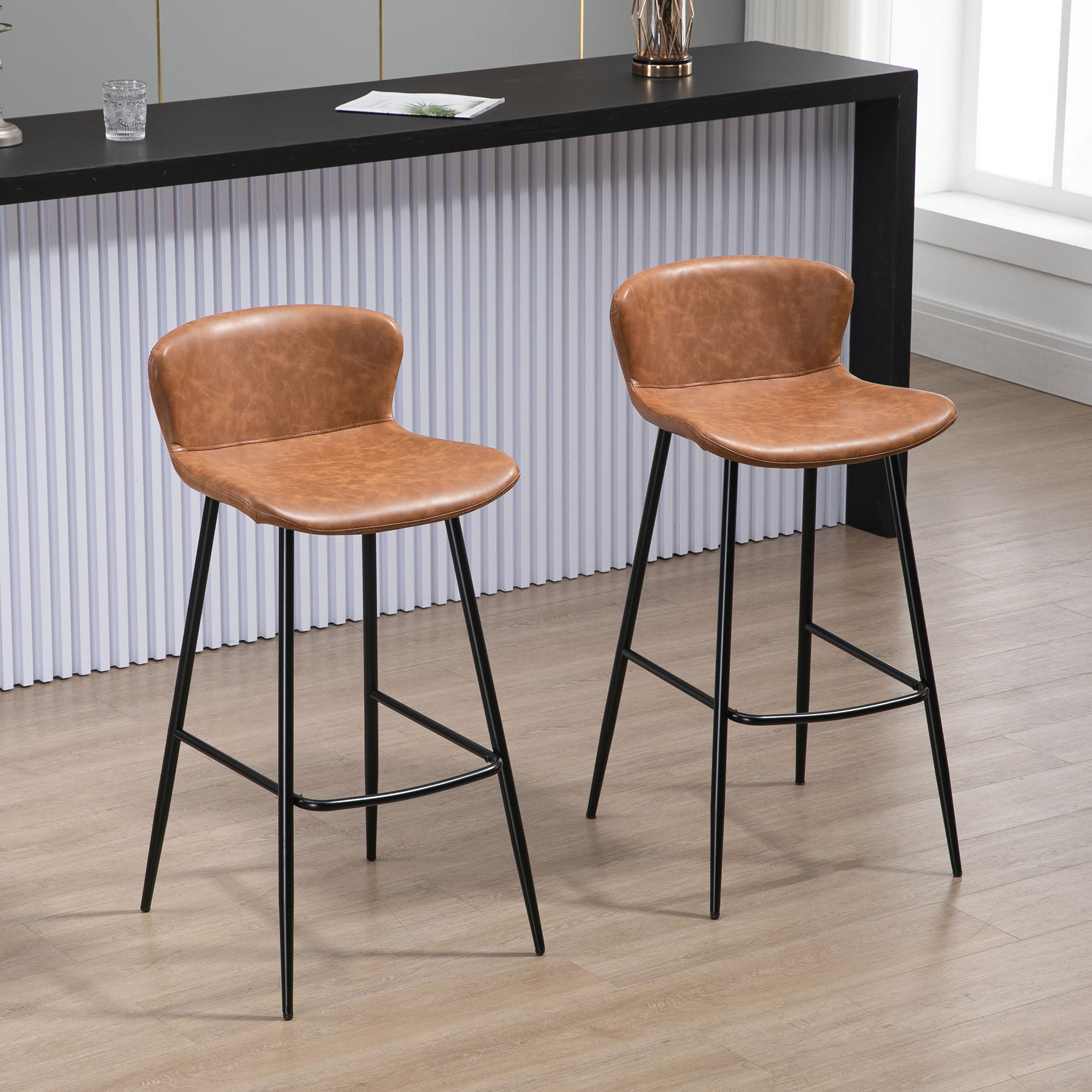 HOMCOM Bar Stools Set of 2, PU Leather Upholstered Bar Chairs, Kitchen Stools with Backs and Steel Legs for Dining Room, Brown - North Peak Garden Furniture