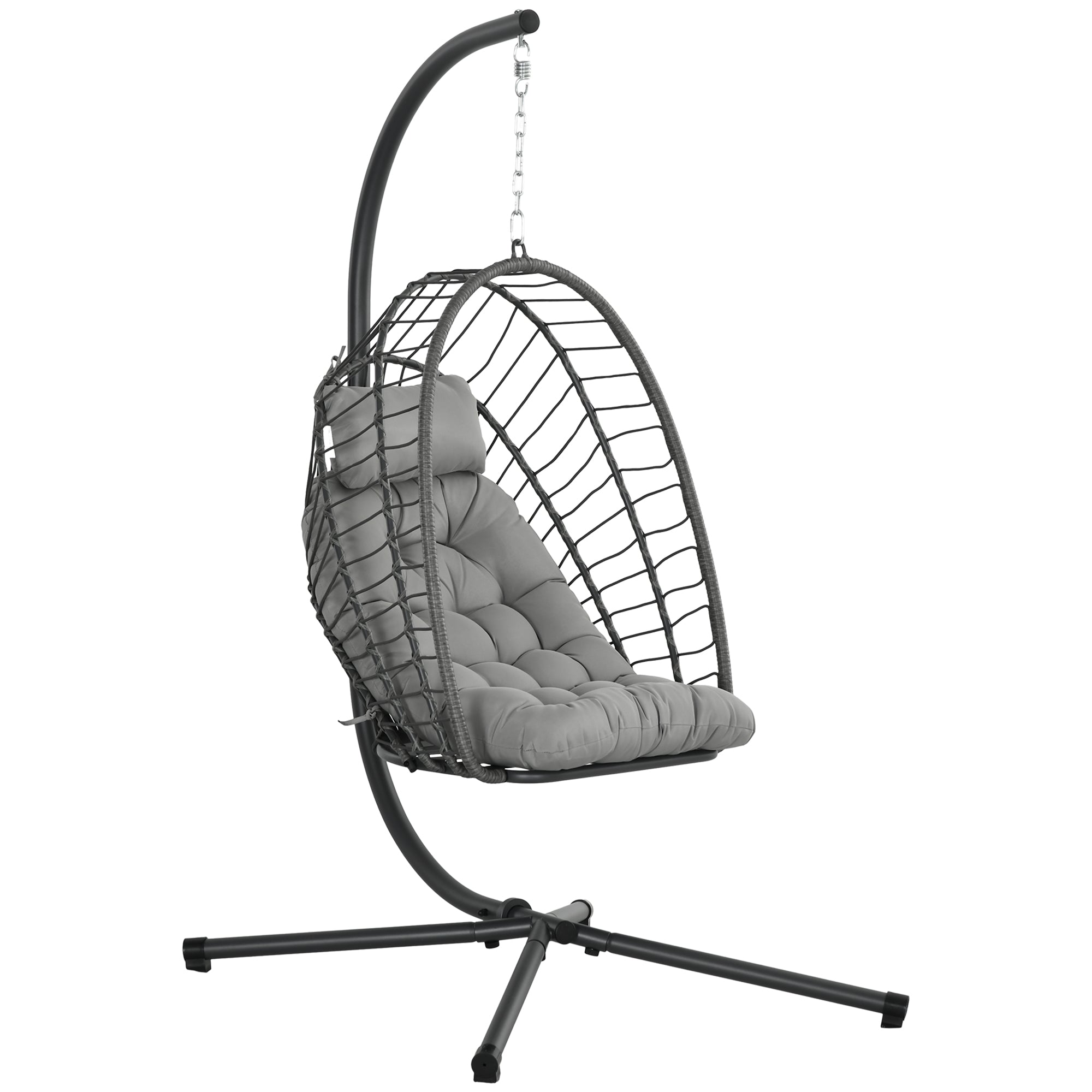 Outsunny Outdoor PE Rattan Swing Chair with Cushion, Garden Foldable Basket Patio Hanging Egg Chair with Metal Stand, Headrest, for Indoor and Outdoor, Light Grey - North Peak Garden Furniture