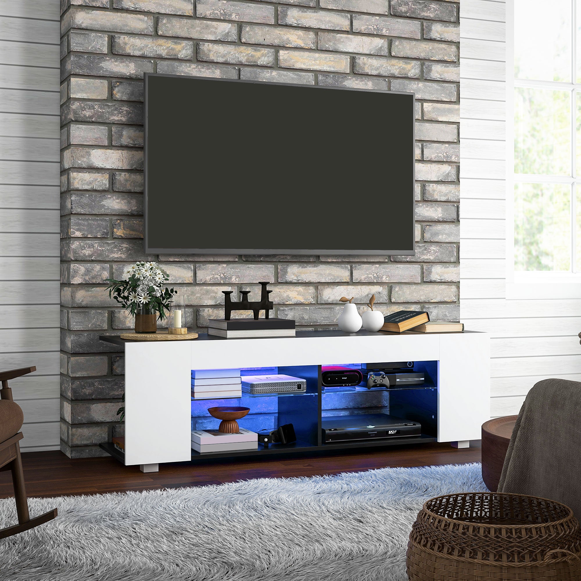 HOMCOM Multi-Shelf TV Cabinet, with Adjustable LED Lights - White - North Peak Garden Furniture