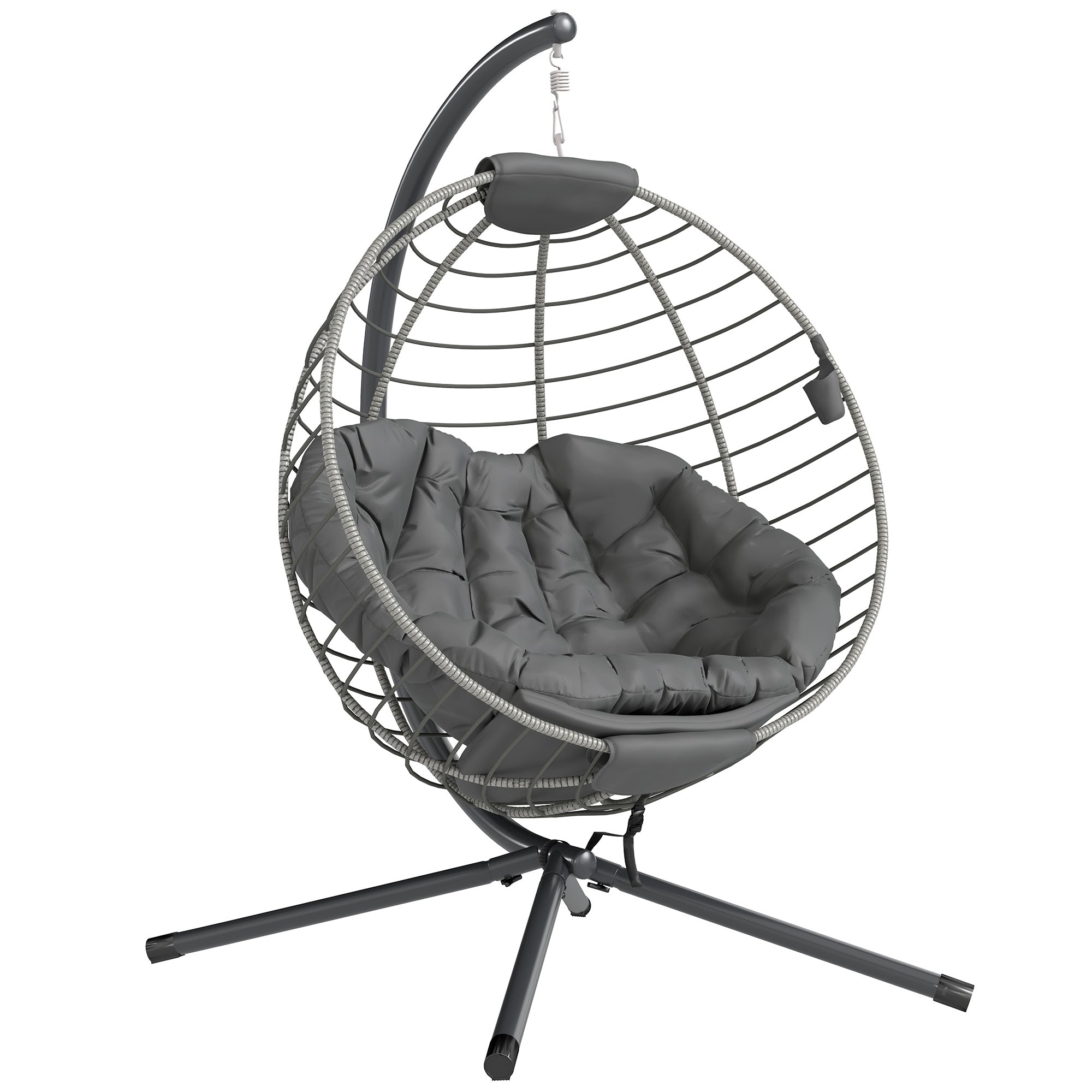 Outsunny PE Rattan Swing Chair, Outdoor Hanging Chair with Metal Stand, Thick Padded Cushion, Foldable Basket and Cup Holder, for Indoor and Outdoor, Grey