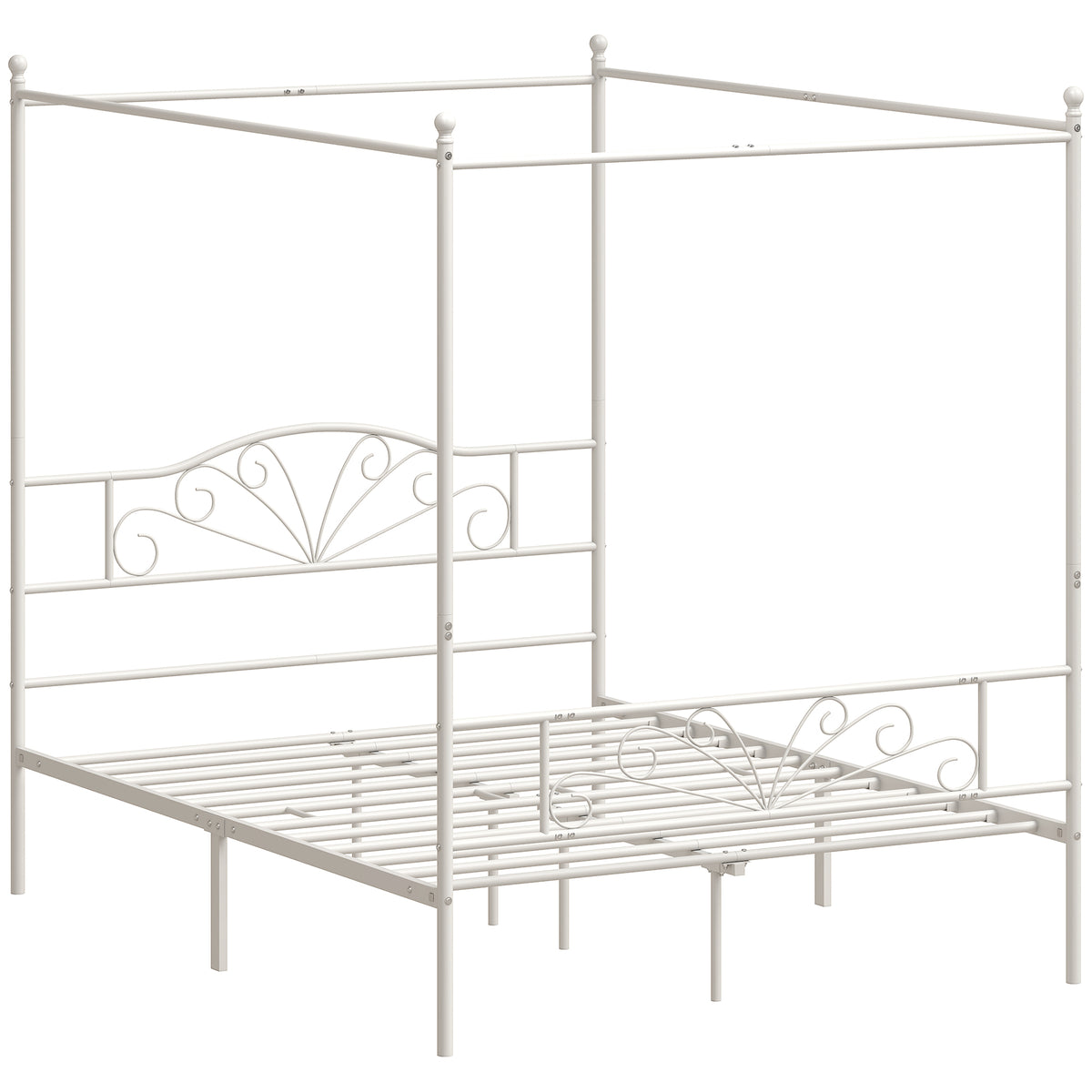 HOMCOM Canopy Bed Frame King Size, Metal Platform Bed Frame with Headboard and Footboard, Underbed Storage, White
