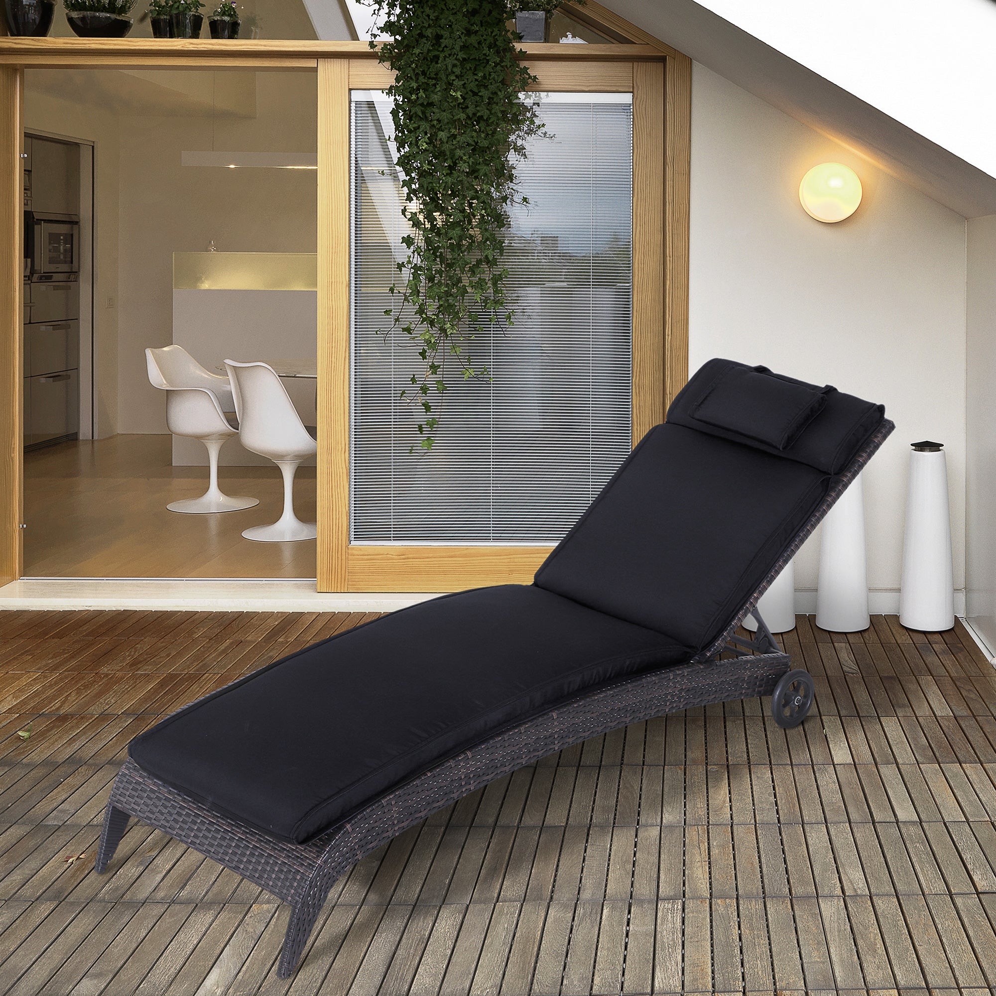 Outsunny Garden Sun Lounger Cushion Replacement Thick Sunbed Reclining Chair Relaxer Pad with Pillow - Black - North Peak Garden Furniture