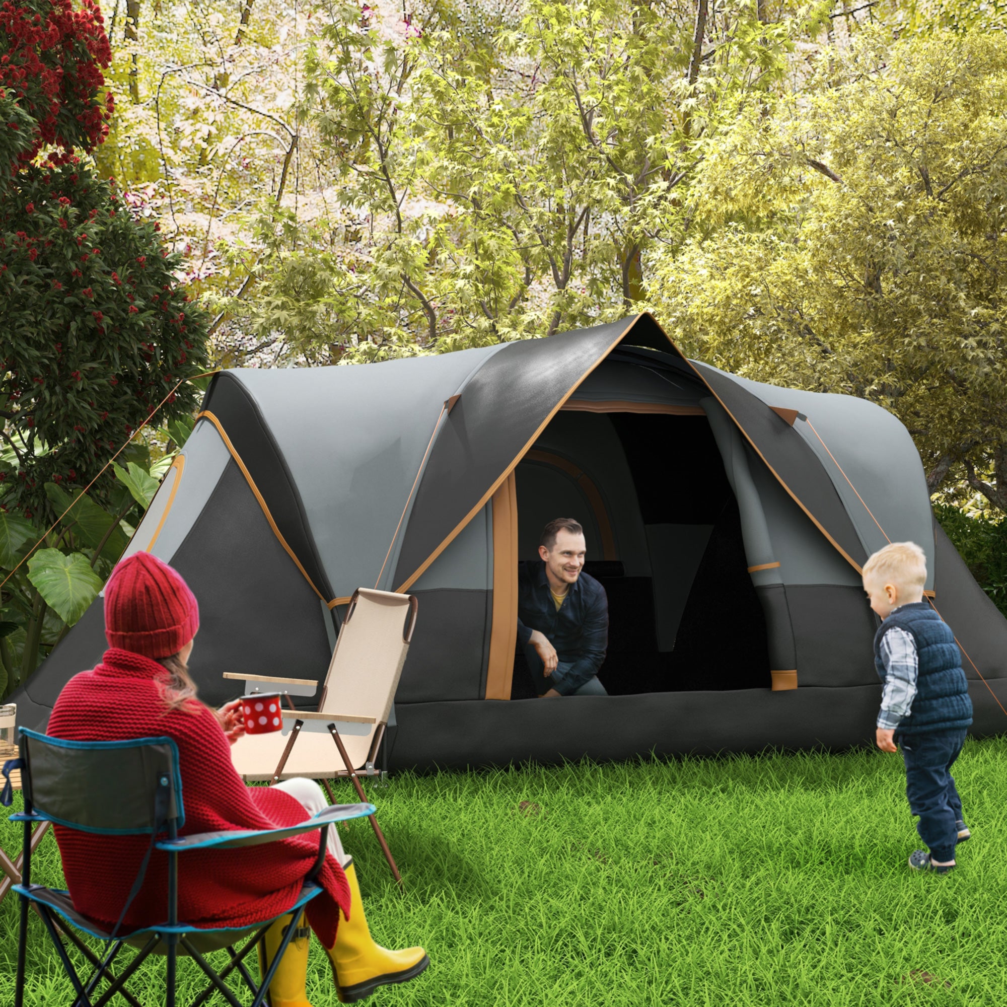 Outsunny 5-6 Man Dome Camping Tent Hiking Shelter UV Protection 3000mm Water Resistant Tunnel Tent - Multicolor - North Peak Garden Furniture