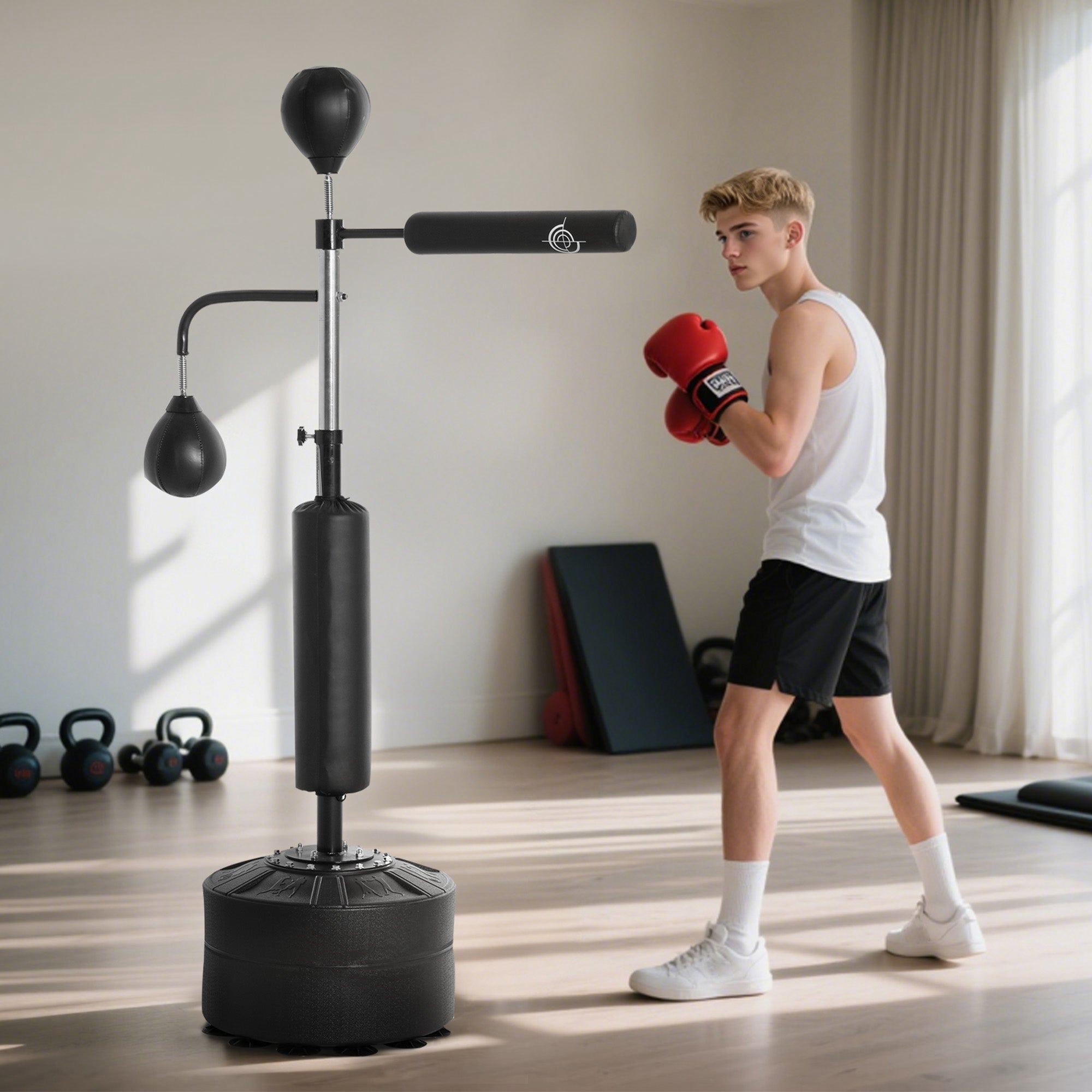 HOMCOM 3-in-1 Boxing Punching Bag, Freestanding with 2 Speed Bals, 360° Reflex Bar, 160-230cm Adjustable Height, Black