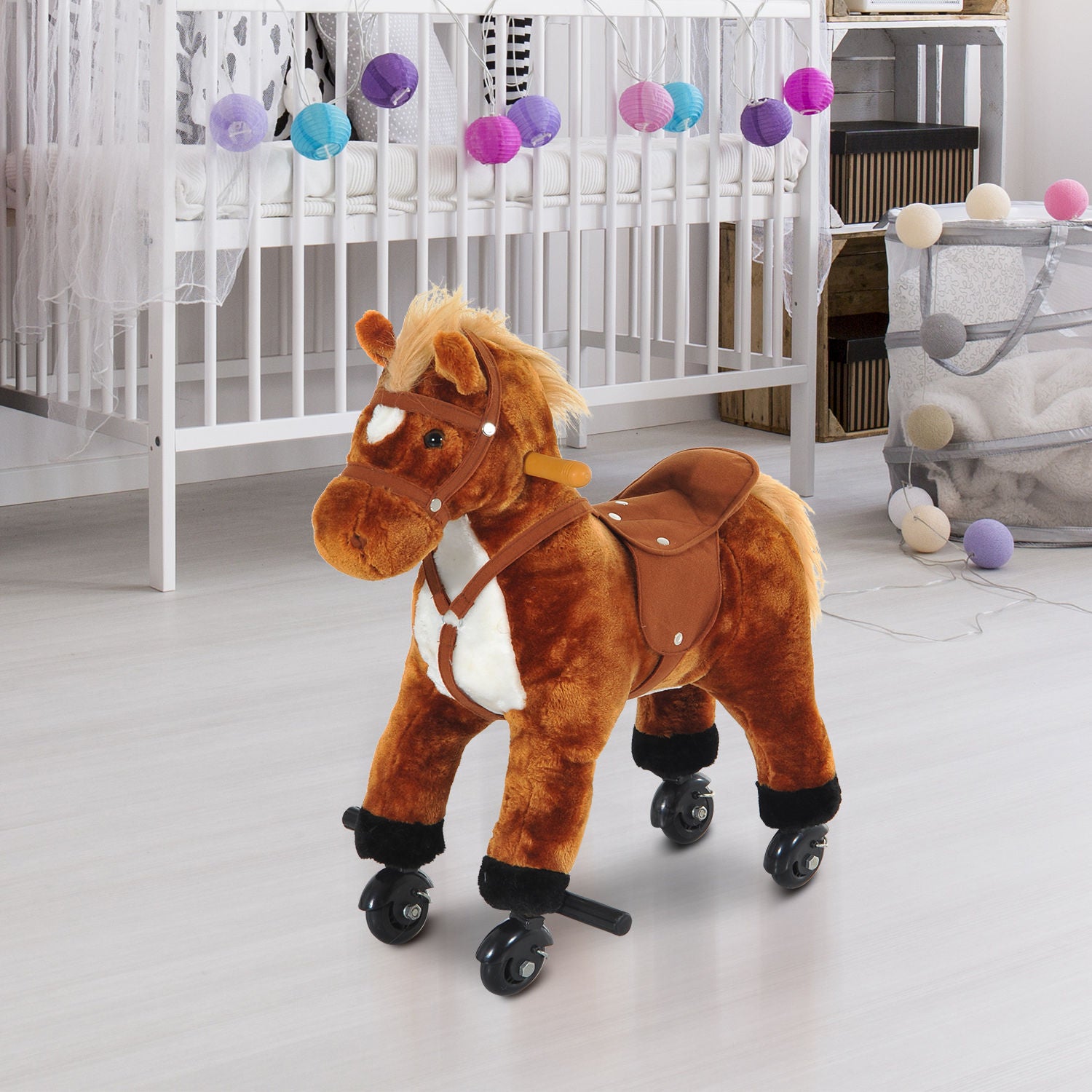 HOMCOM Rocking Horse Kids Ride on Walking Horse Animal Pony Wheeled Riding Plush Toy w/Sound for 3 Years and Up (Brown) - North Peak Garden Furniture