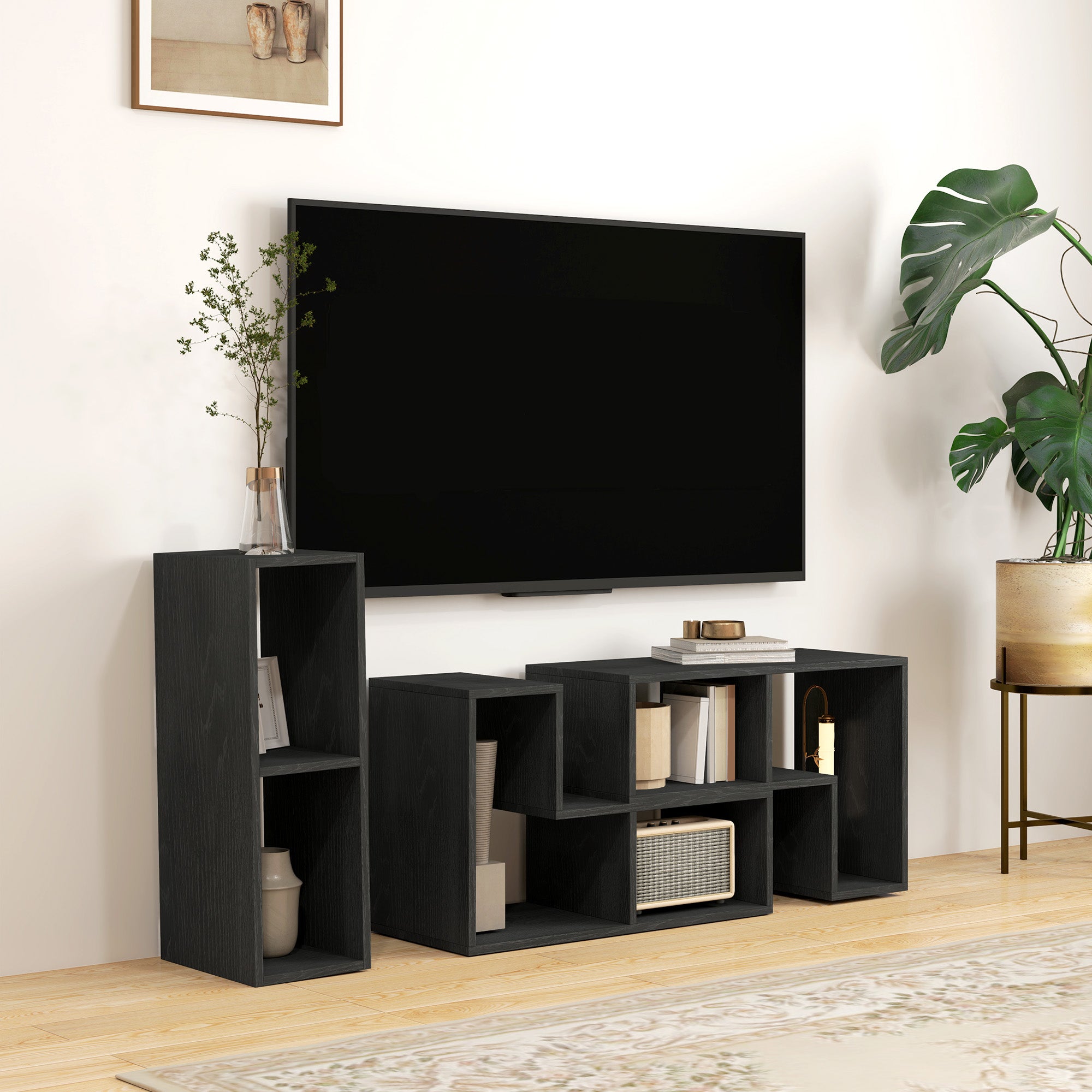 HOMCOM TV Stand for TVs up to 75 Inches, Free Combination TV Unit with Storage Shelves, Extendable Entertainment Centre for Living Room, Black Wood Grain - North Peak Garden Furniture