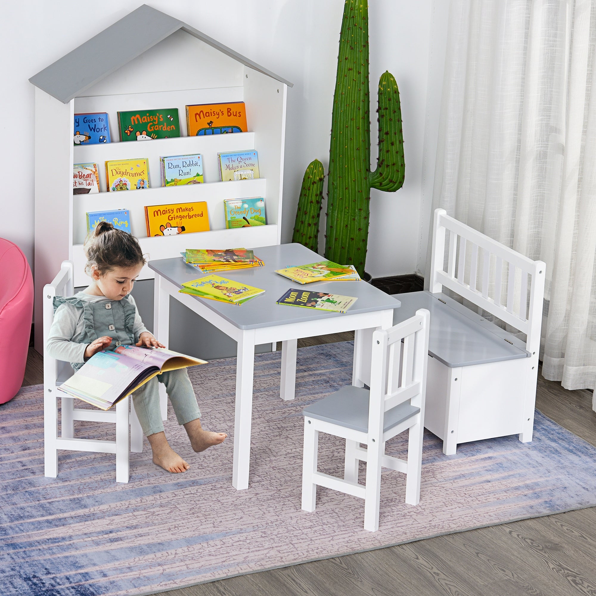 HOMCOM 4-Piece Kids Table and Chair Set with 2 Wooden Chairs, 1 Storage Bench, and Interesting Modern Design, Grey/White - North Peak Garden Furniture
