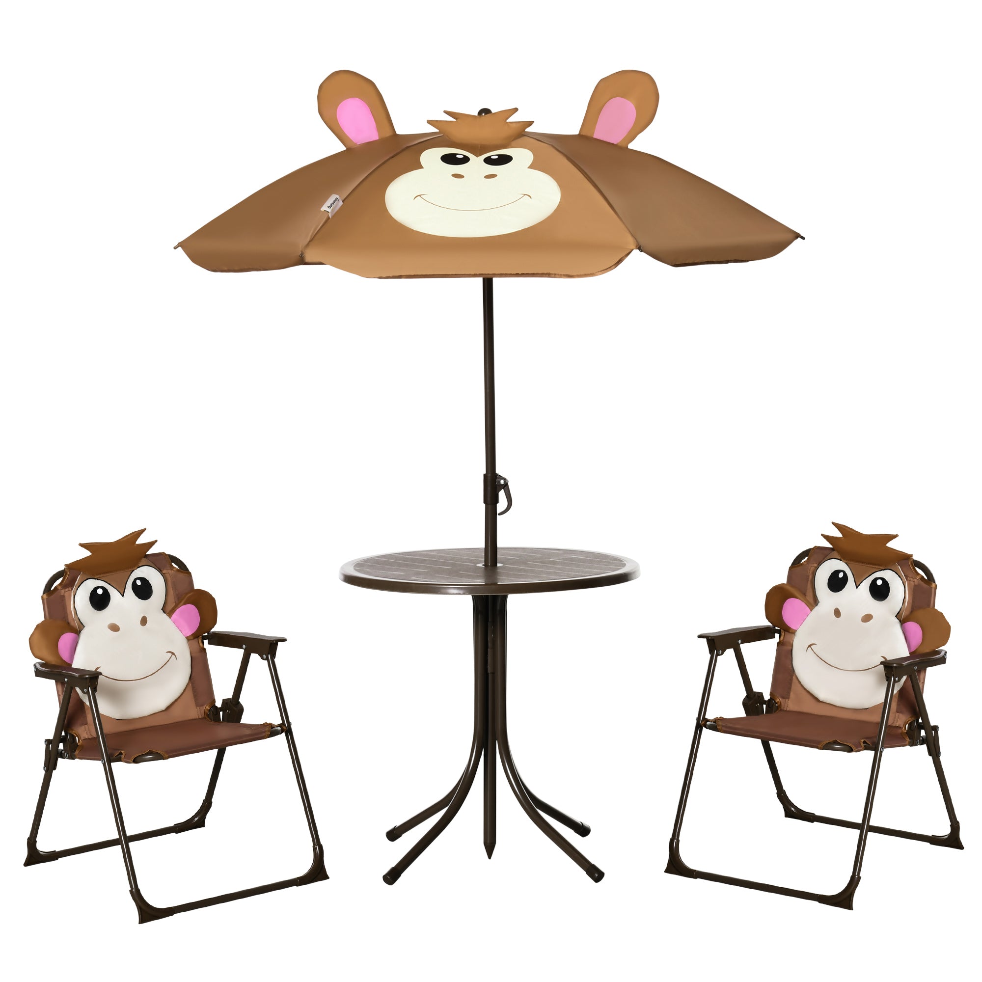 Outsunny Kids Bistro Table and Chair Set, Outdoor Folding Garden Furniture w/Monkey Design, Removable, Adjustable Sun Umbrella, Ages 3-6 Years - Brown - North Peak Garden Furniture