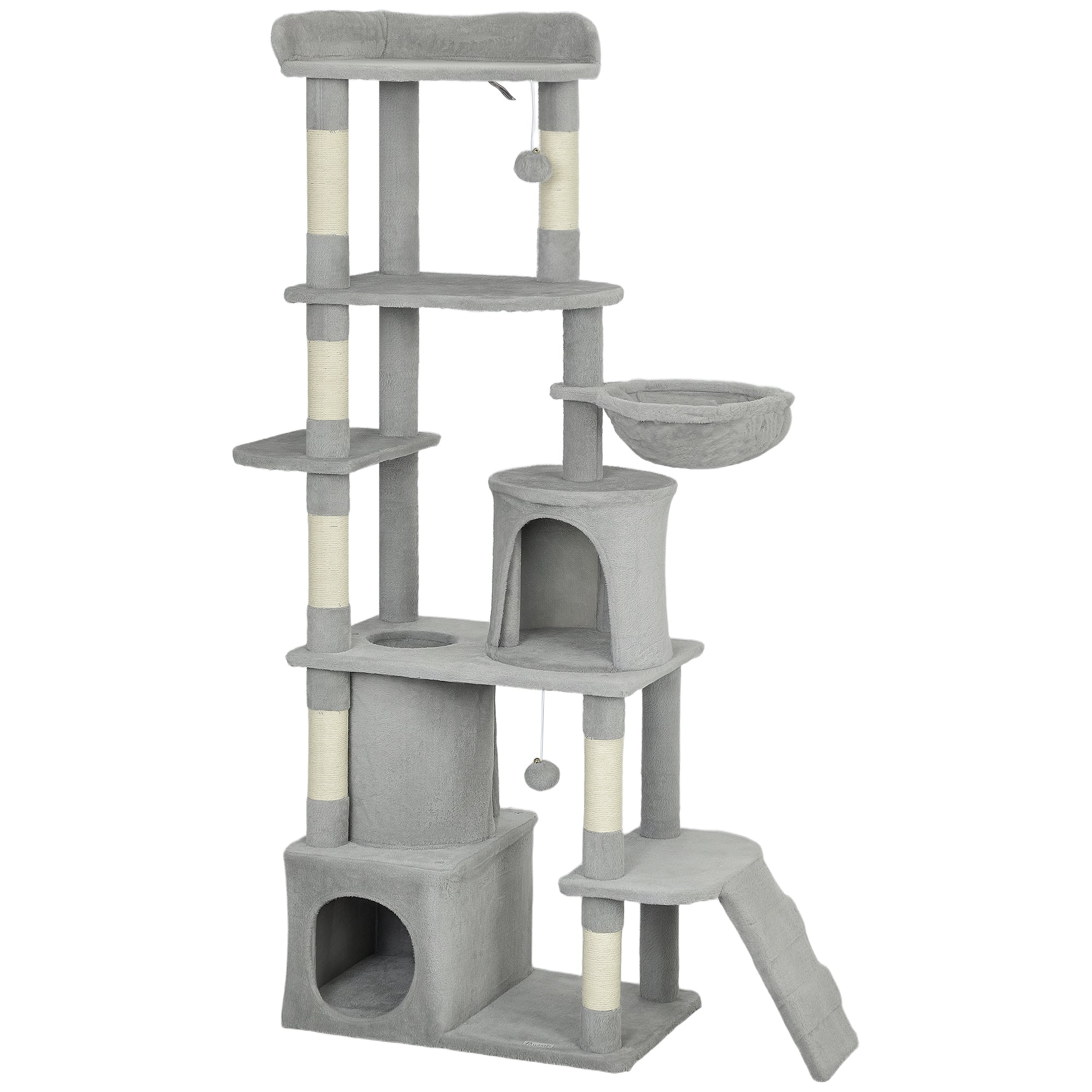 PawHut 170 cm Large Cat Tree, Cat Tower with 7 Scratching Posts, Tunnel, 2 Condos, Hammock, Perch, Ramp, Pompoms, Light Grey