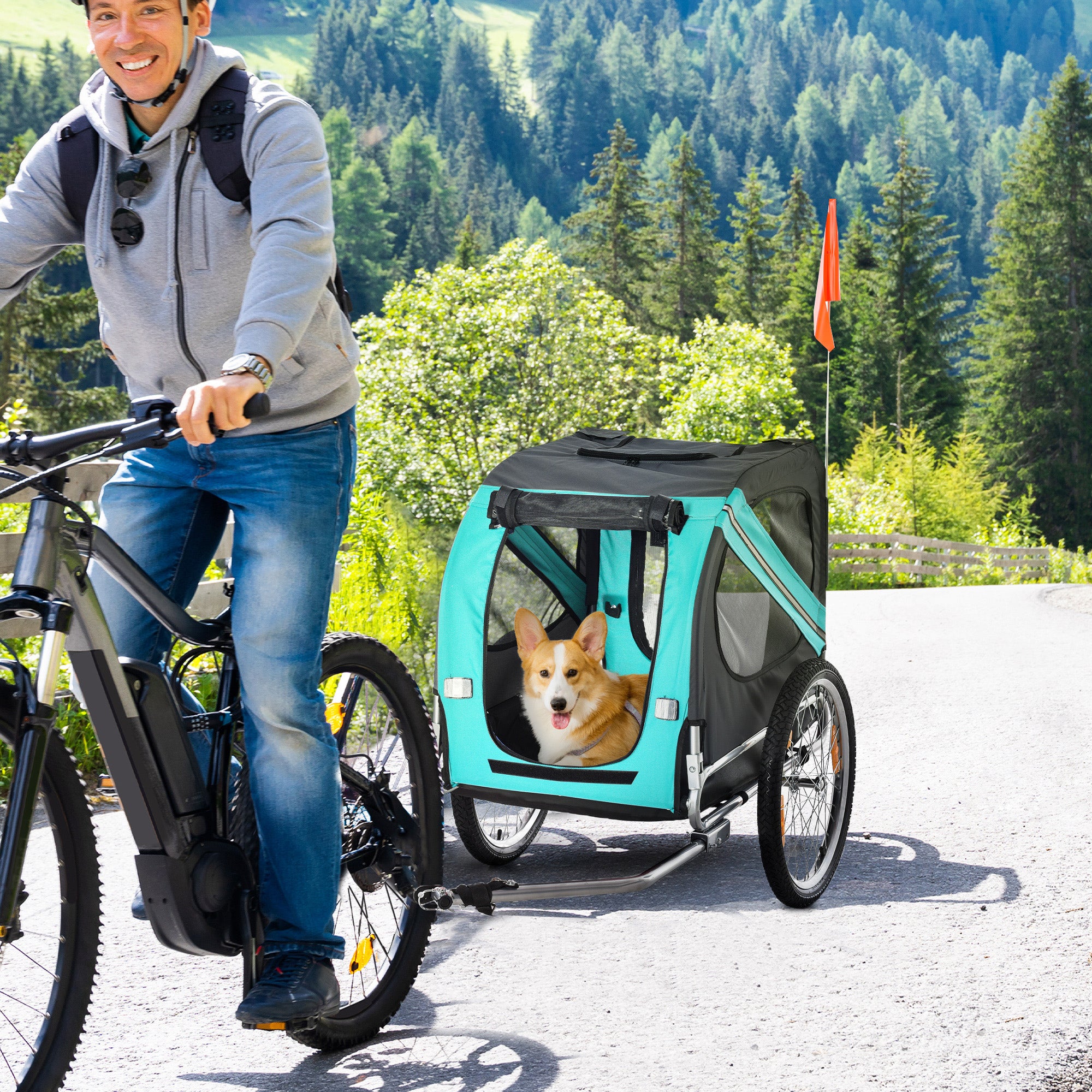 PawHut Folding Dog Bike Trailer Pet Cart Carrier for Bicycle Travel in Steel Frame with Hitch Coupler - Light Blue & Grey - North Peak Garden Furniture
