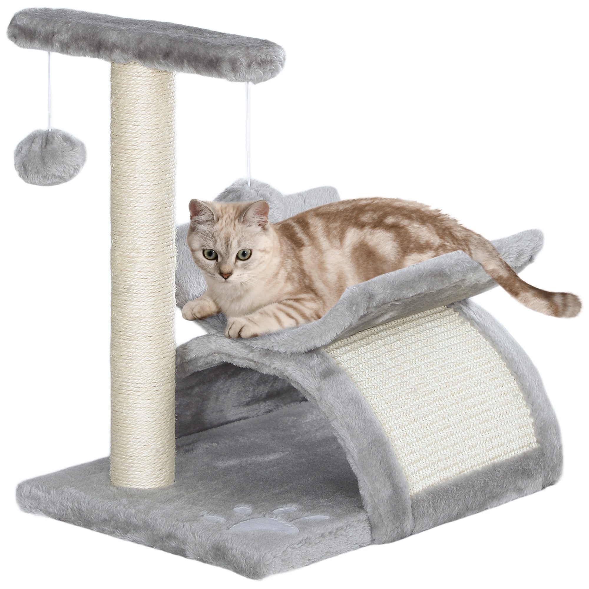PawHut Cat Tree, Cat Tower for Kittens, Small Cat Condo with Rotatable Top Bar, Sisal Scratching Post, Tunnel, Dangling Balls - Grey - North Peak Garden Furniture