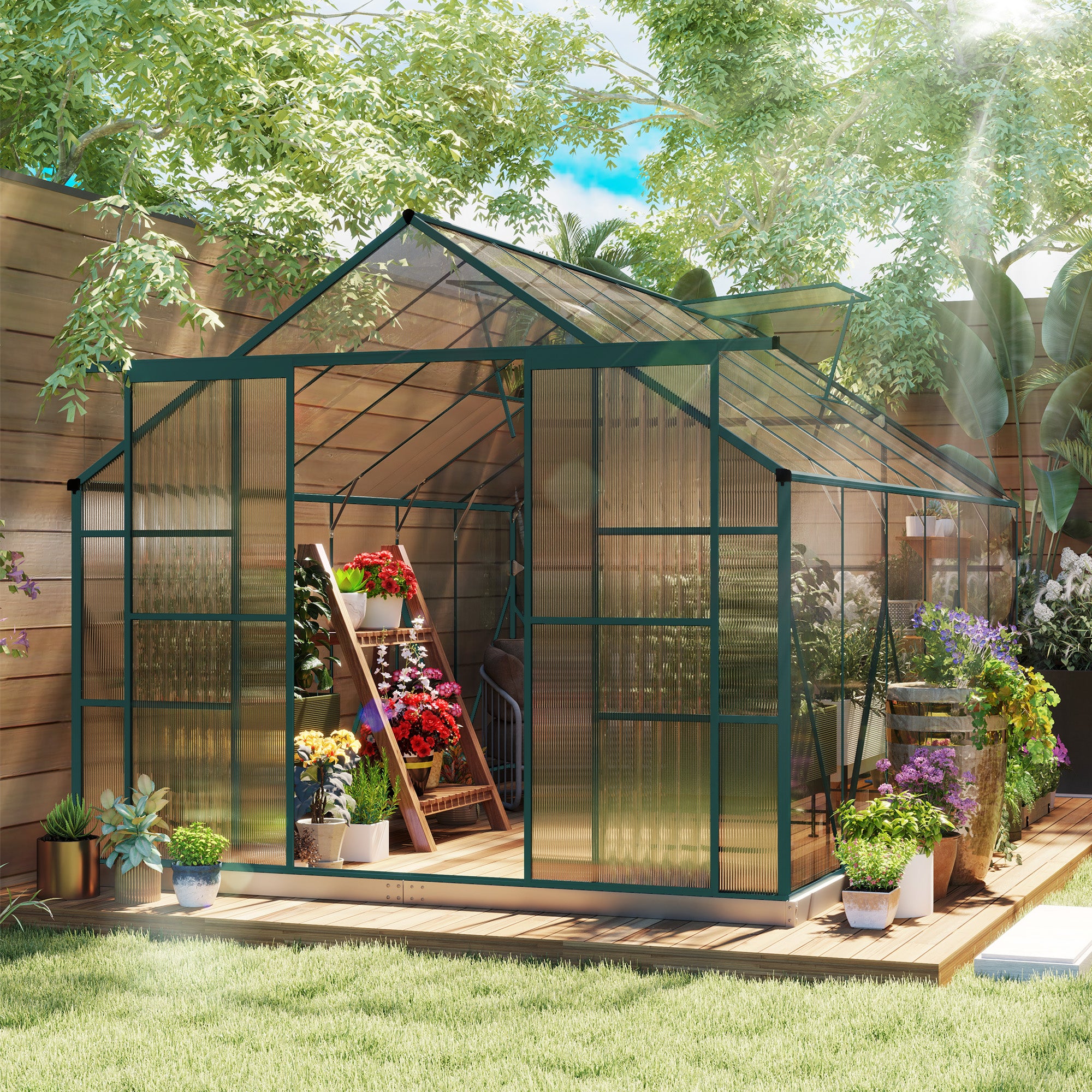 Outsunny 8 x 12ft Aluminium Greenhouse Polycarbonate Walk-in Garden Greenhouse Kit with Adjustable Roof Vent, Double Sliding Door, Rain Gutter and Foundation, Clear - North Peak Garden Furniture
