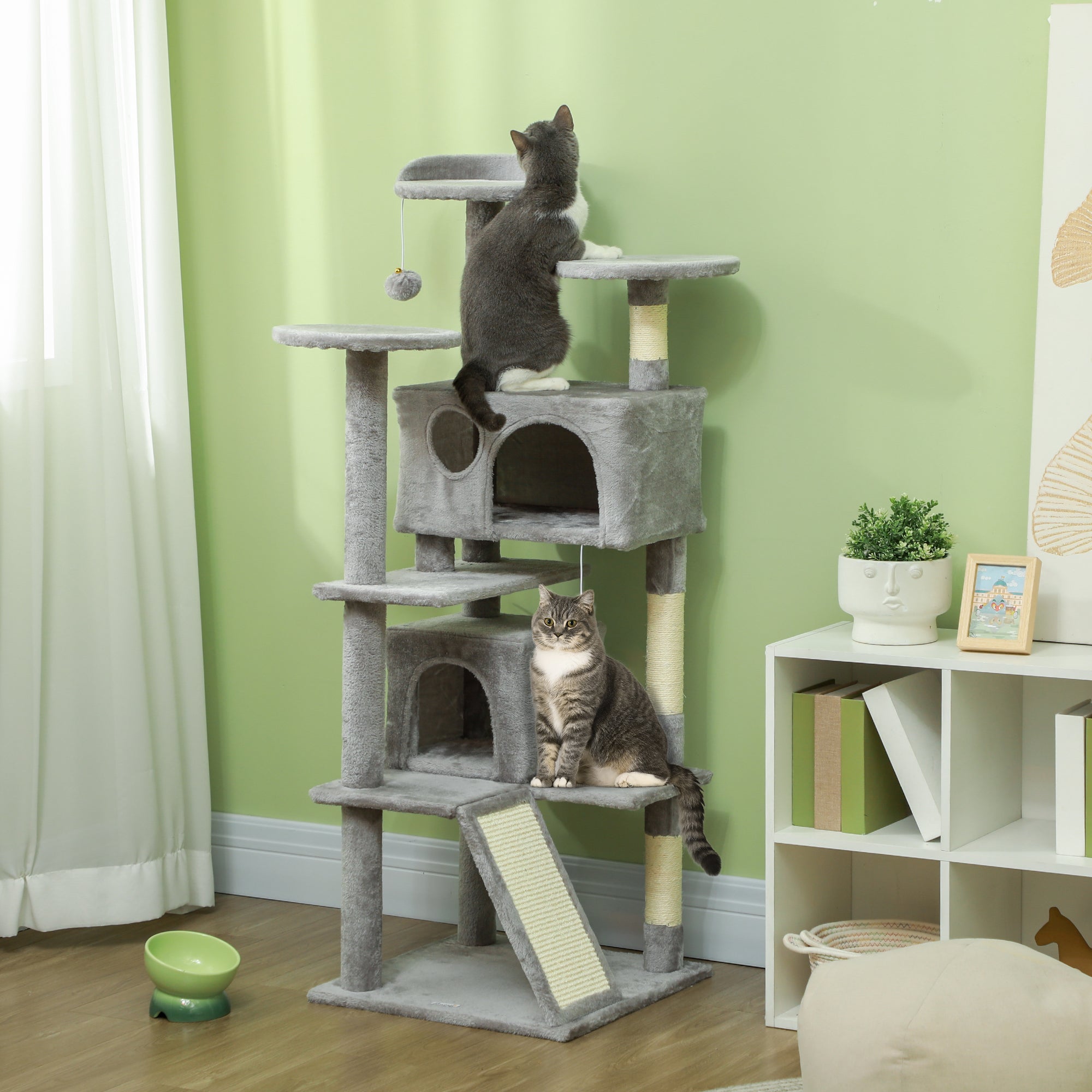 PawHut 138cm Cat Tree, Multi-Level Cat Tower with Scratching Posts and Pad, Bed, Condos, Platforms, Toy Balls, Light Grey - North Peak Garden Furniture