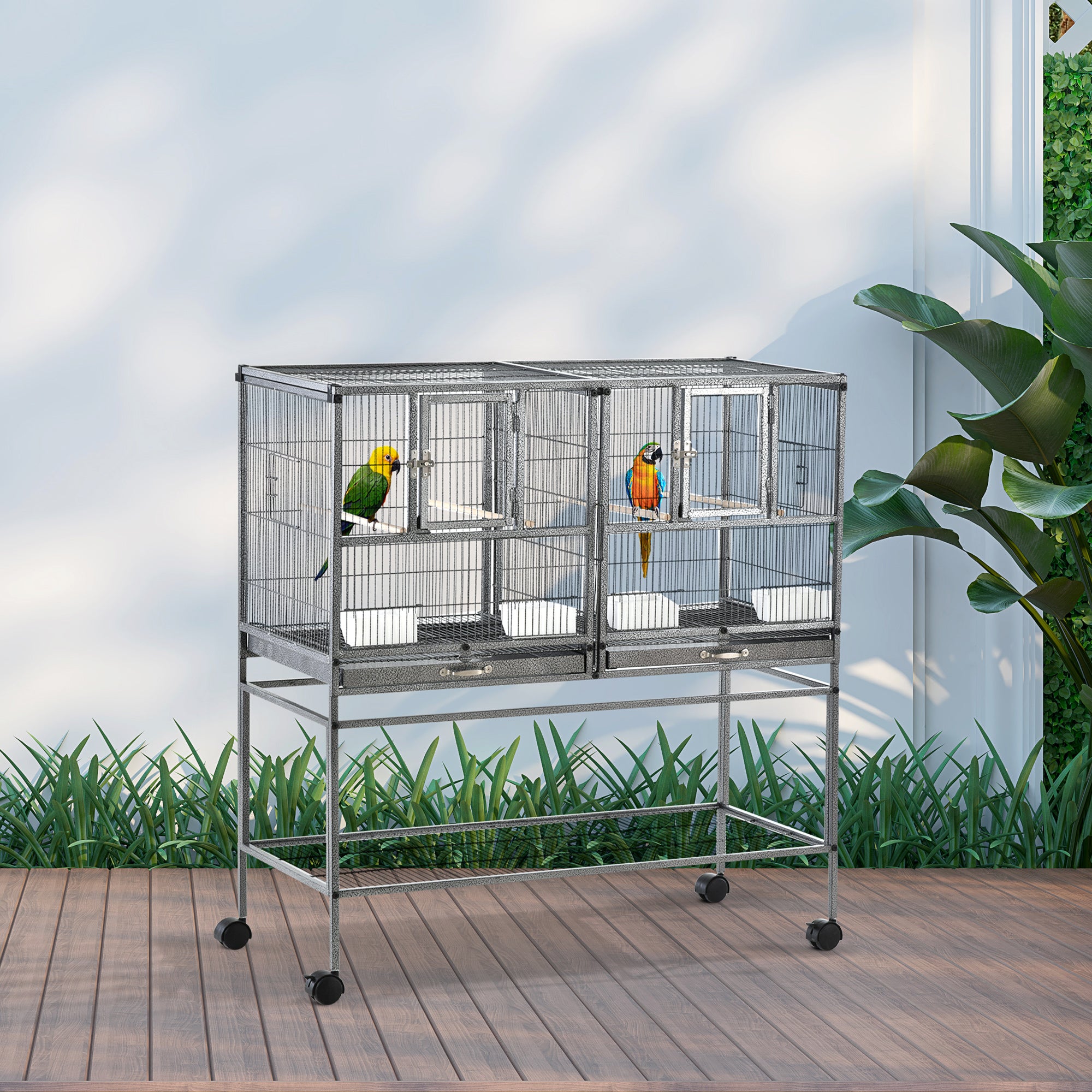 PawHut Large Bird Cage Parrot Cage with Divider, Slide Tray for Finch Canaries Parakeets Cockatiels, 95 x 45.5 x 102 cm - North Peak Garden Furniture