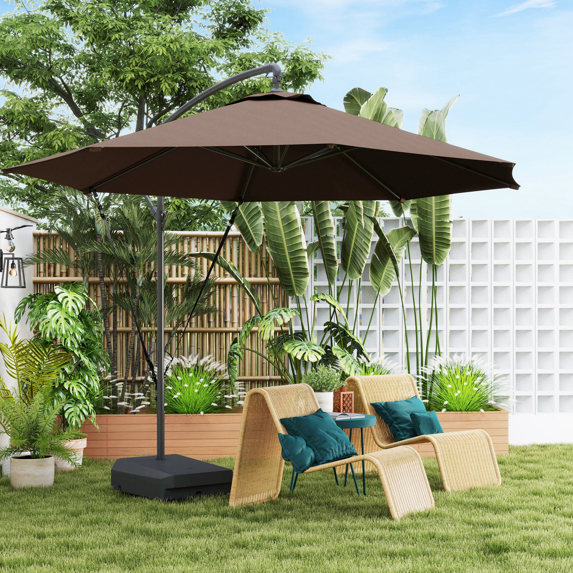Outsunny 3(m) Garden Cantilever Parasol with Fillable Base up to 90kg, Wind Protection Strap, Cover, Round Banana Hanging Umbrella with Crank Handle and Tilt, UPF50+ Patio Umbrella, Brown