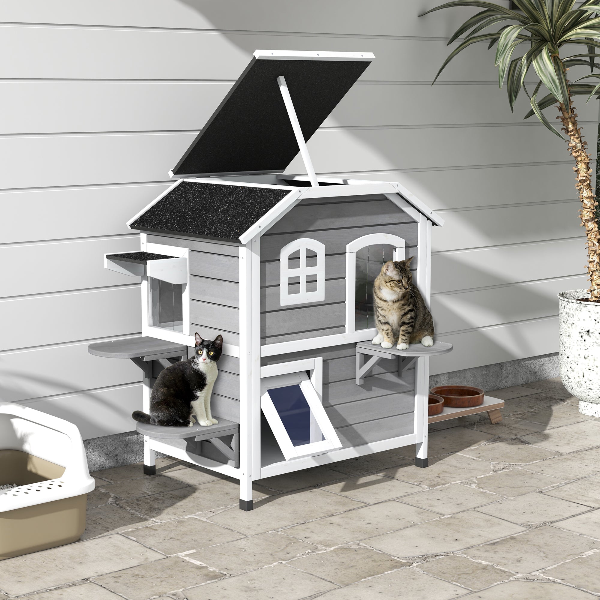 PawHut 2-story Cat House Outdoor, Weatherproof Wooden Cat Enclosure for Feral Cats with Escape Door, Openable Roof, Jumping Platforms, Grey - North Peak Garden Furniture