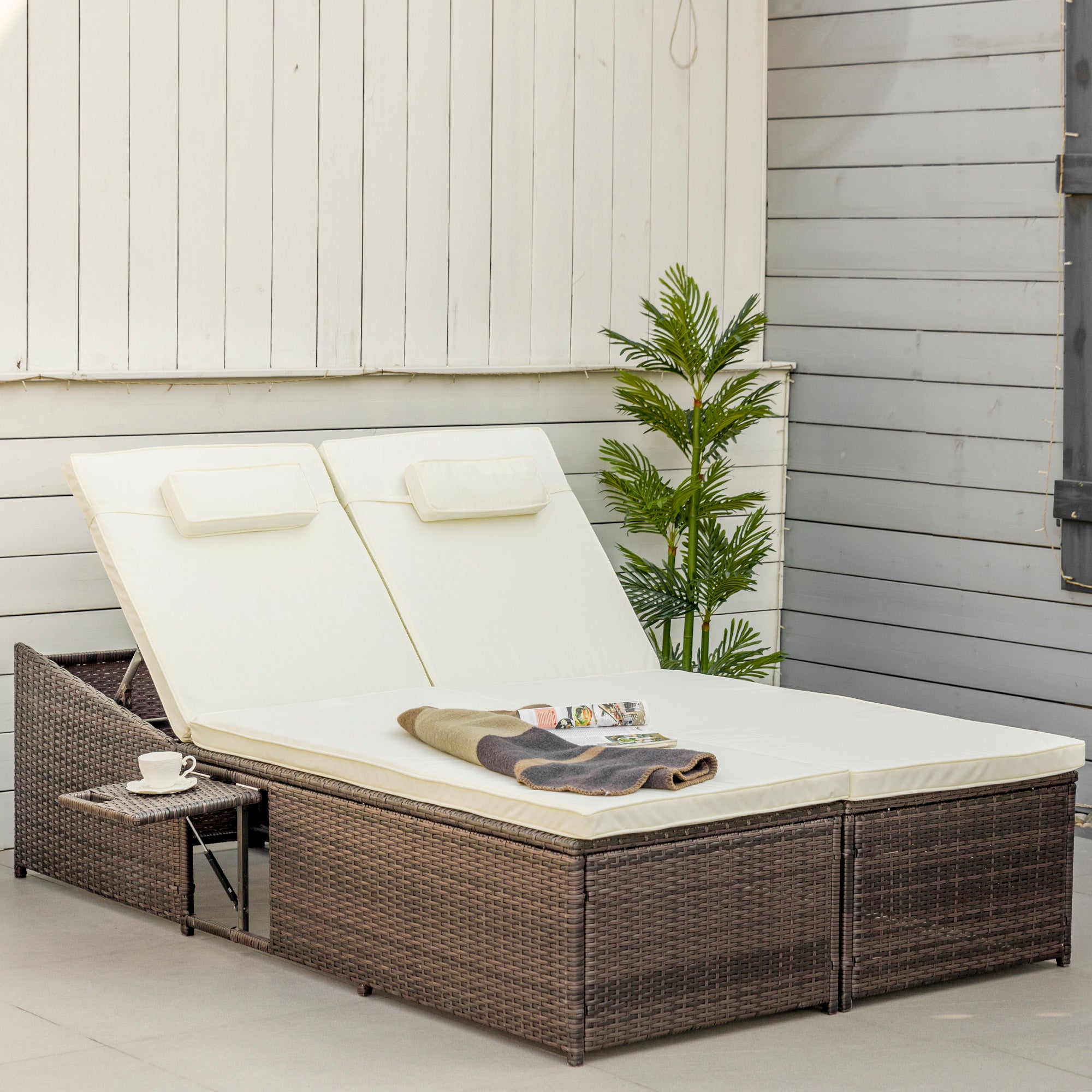 Outsunny 2 Seater Double Rattan Sun Lounger Recliner Day Bed Outdoor Wicker Weave Furniture Sofa w/ Fire Retardant Cushions – Cream - North Peak Garden Furniture