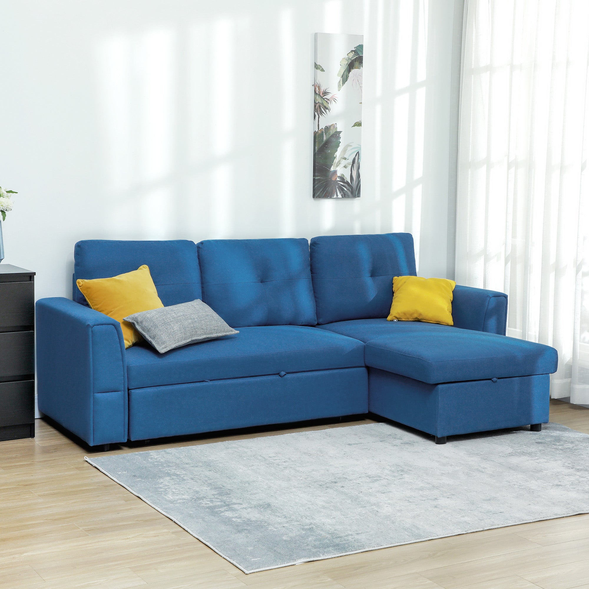 HOMCOM 3 Seater Sofa Bed, L-Shaped Corner Sofa, Pull Out Sofa with Storage, Convertible Click Clack Settee Sectional Sleeper Futon for Living Room, Office, Dark Blue - North Peak Garden Furniture